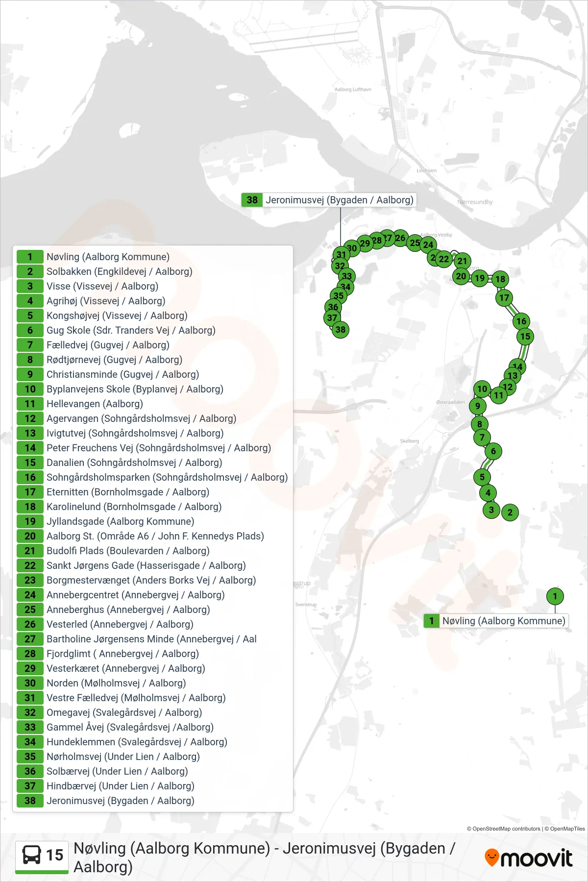 15 bus Linje (Hasseris) rute og stop på et kort