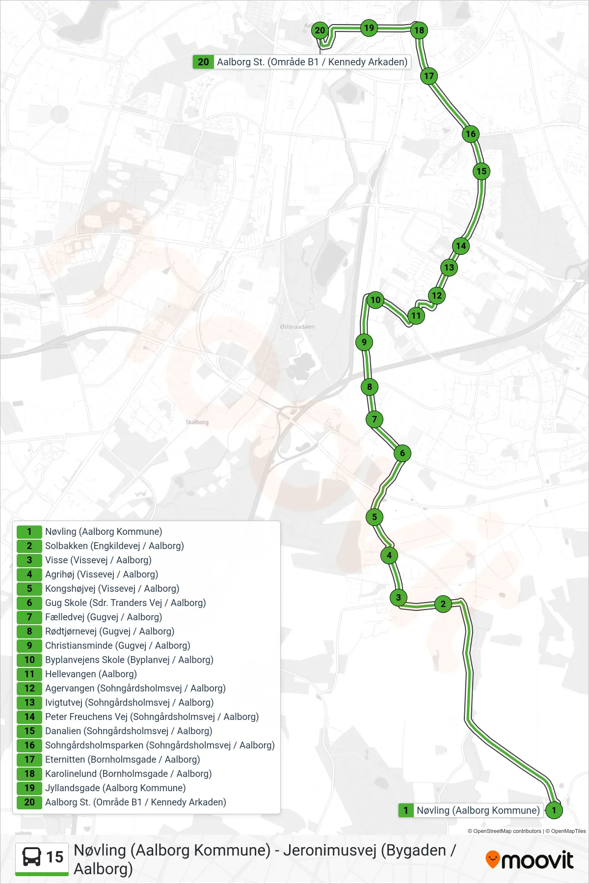 15 bus Linje (Aalborg St.) rute og stop på et kort