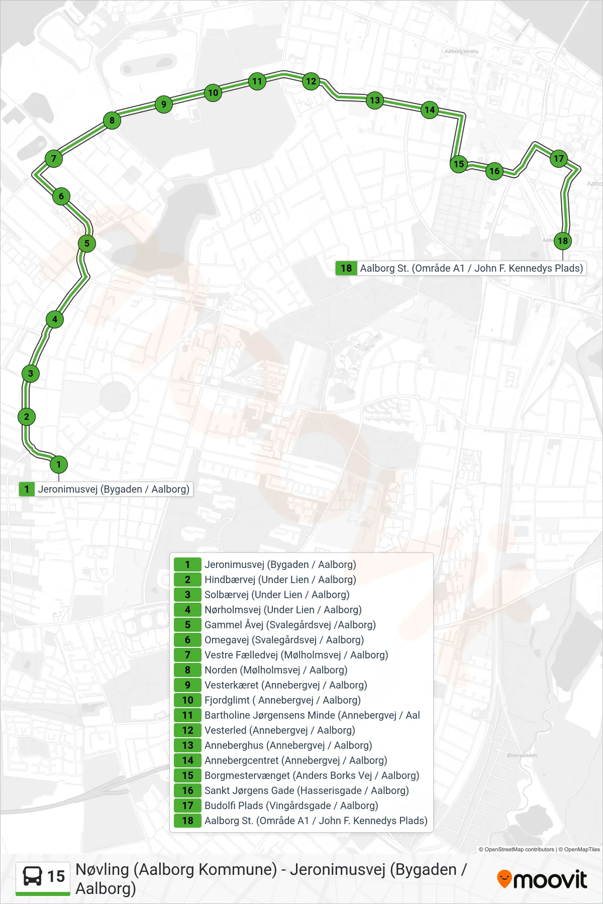 15 bus Linje (Aalborg St.) rute og stop på et kort