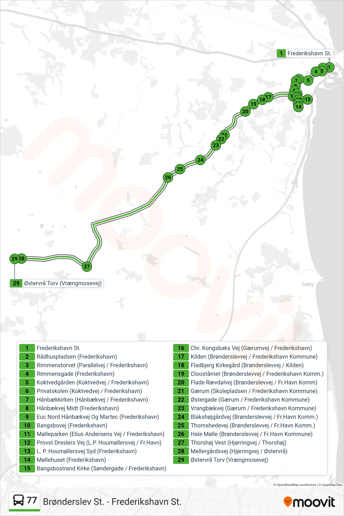 77 bus Line (Østervrå Torv) route and stops on a map