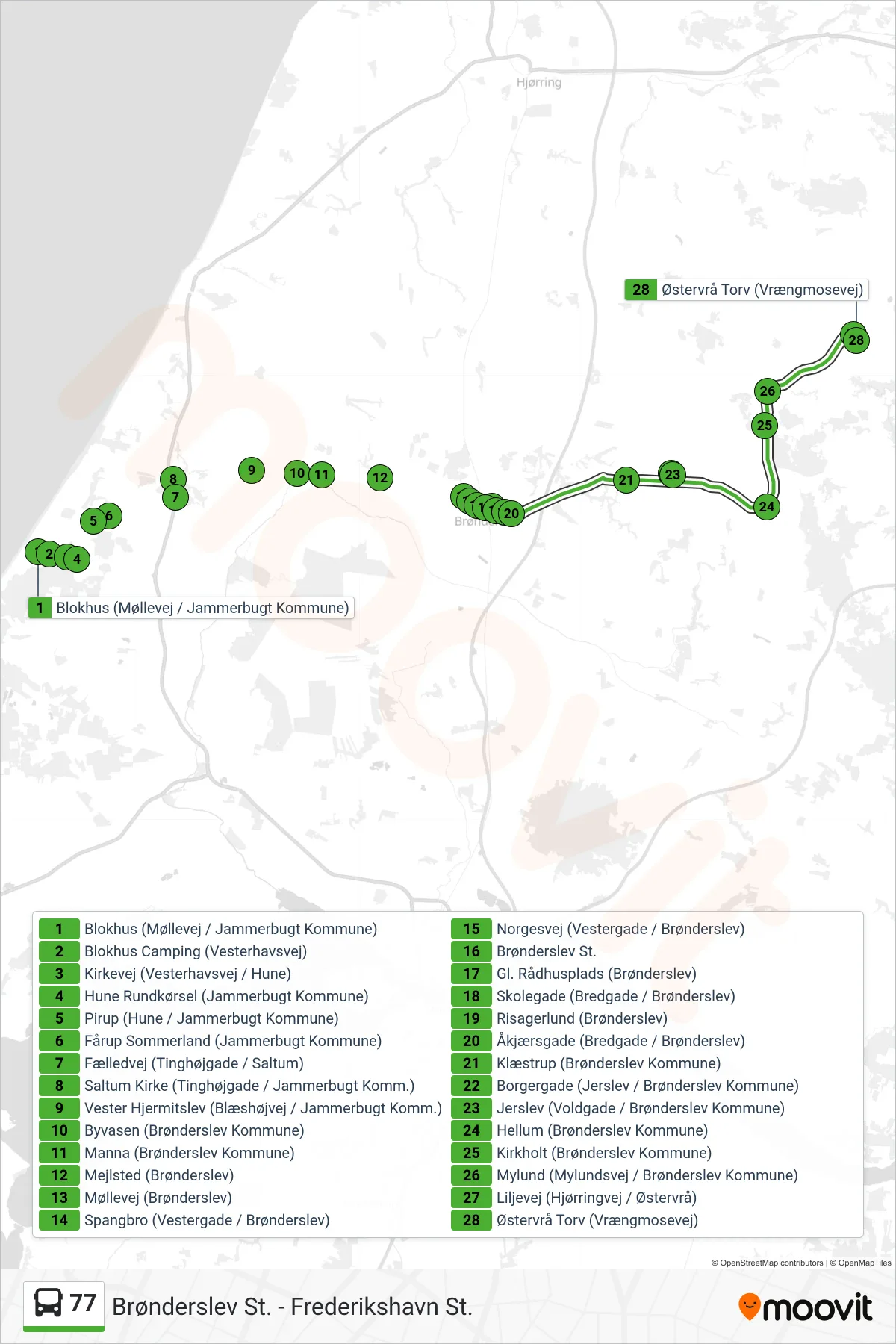 77 bus Line (Østervrå Torv) route and stops on a map