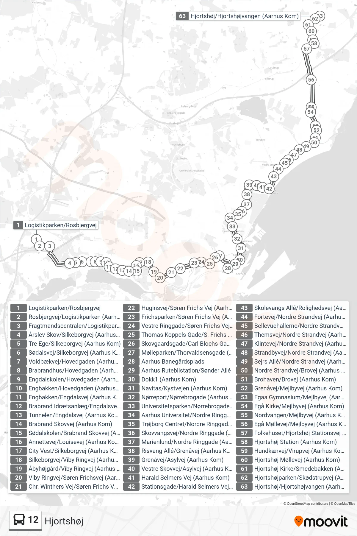 12 bus Linje (Hjortshøj) rute og stop på et kort