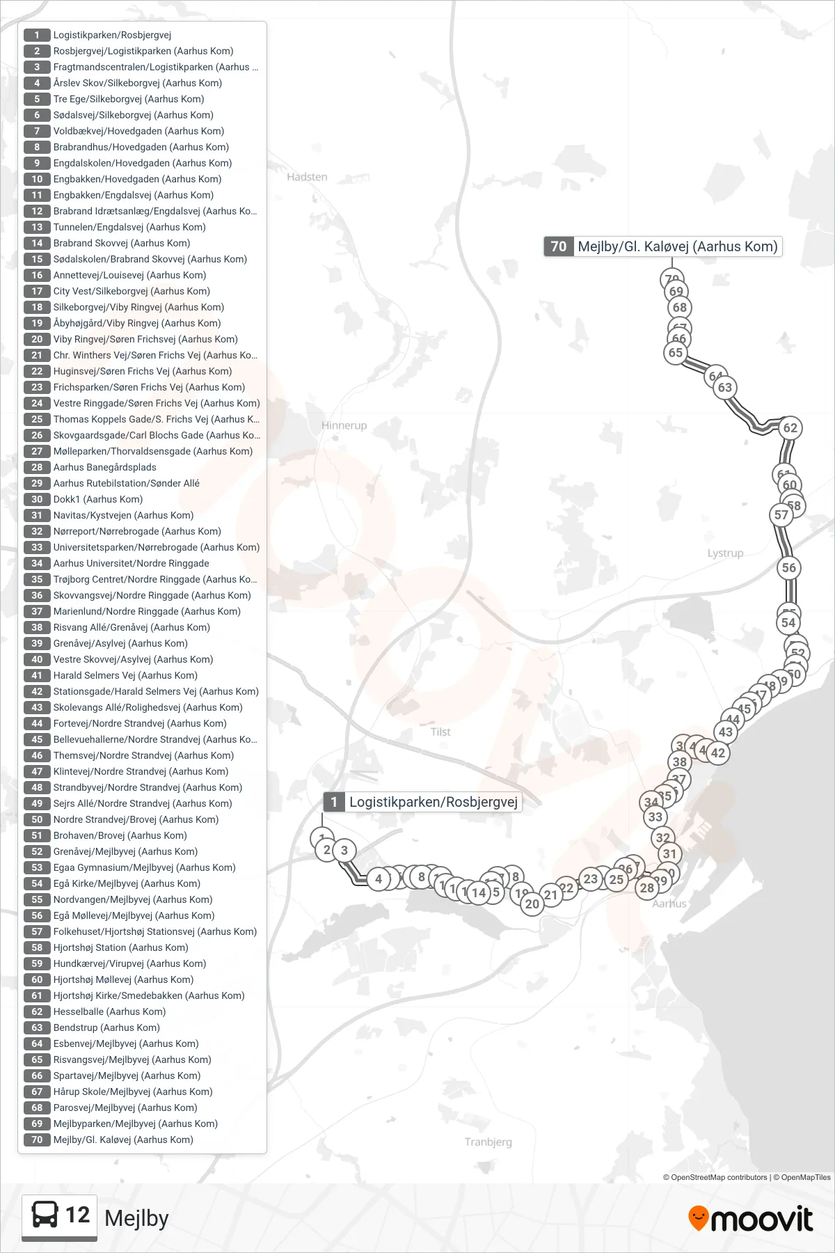 12 bus Linje (Mejlby) rute og stop på et kort