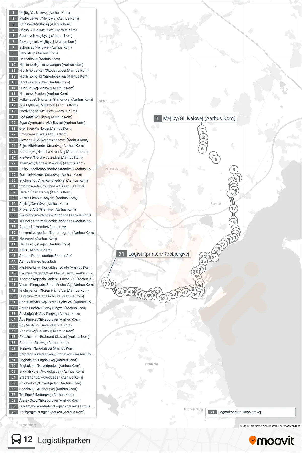 12 bus Linje (Logistikparken) rute og stop på et kort