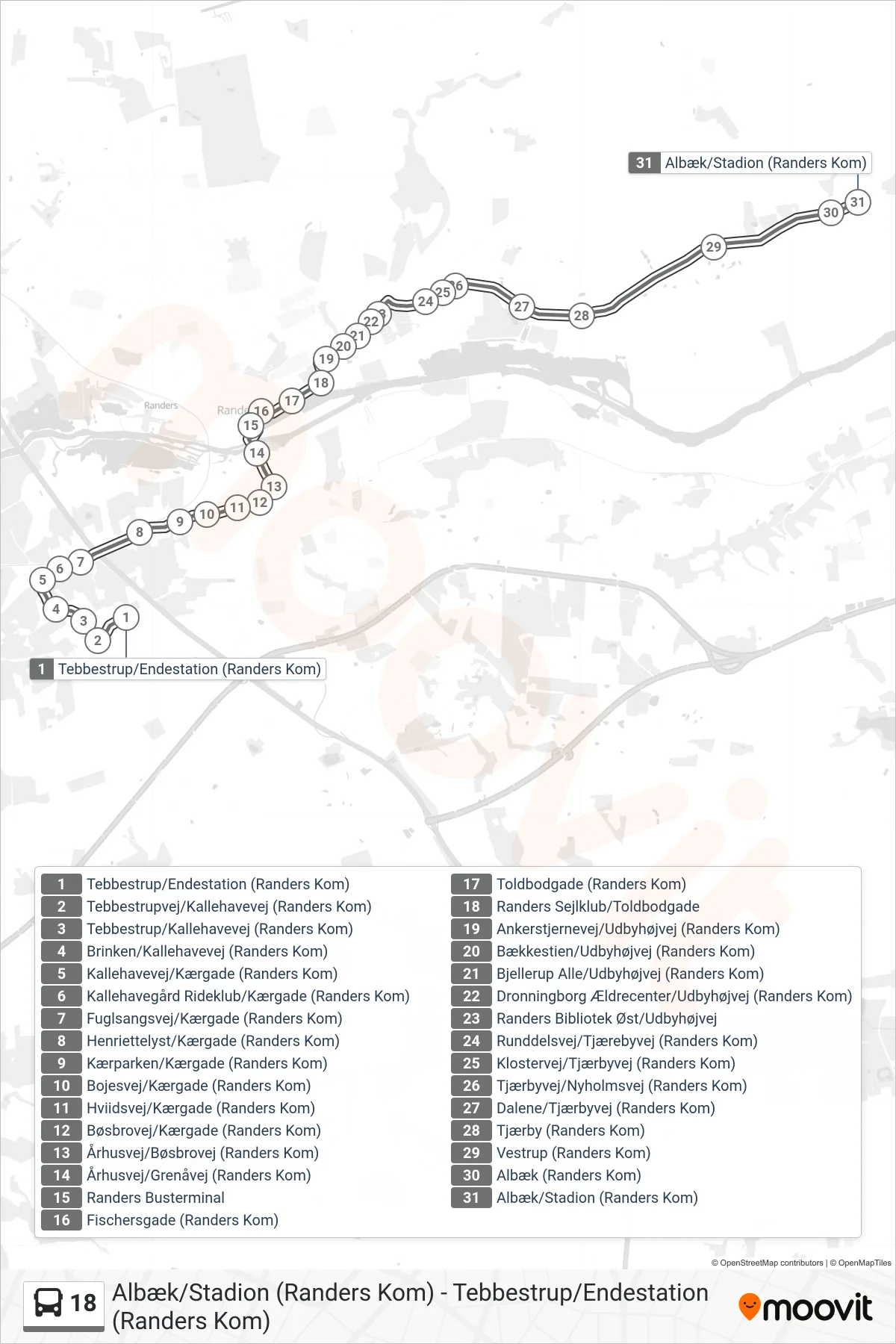 18 bus Linje (Albæk/Stadion (Randers Kom)) rute og stop på et kort