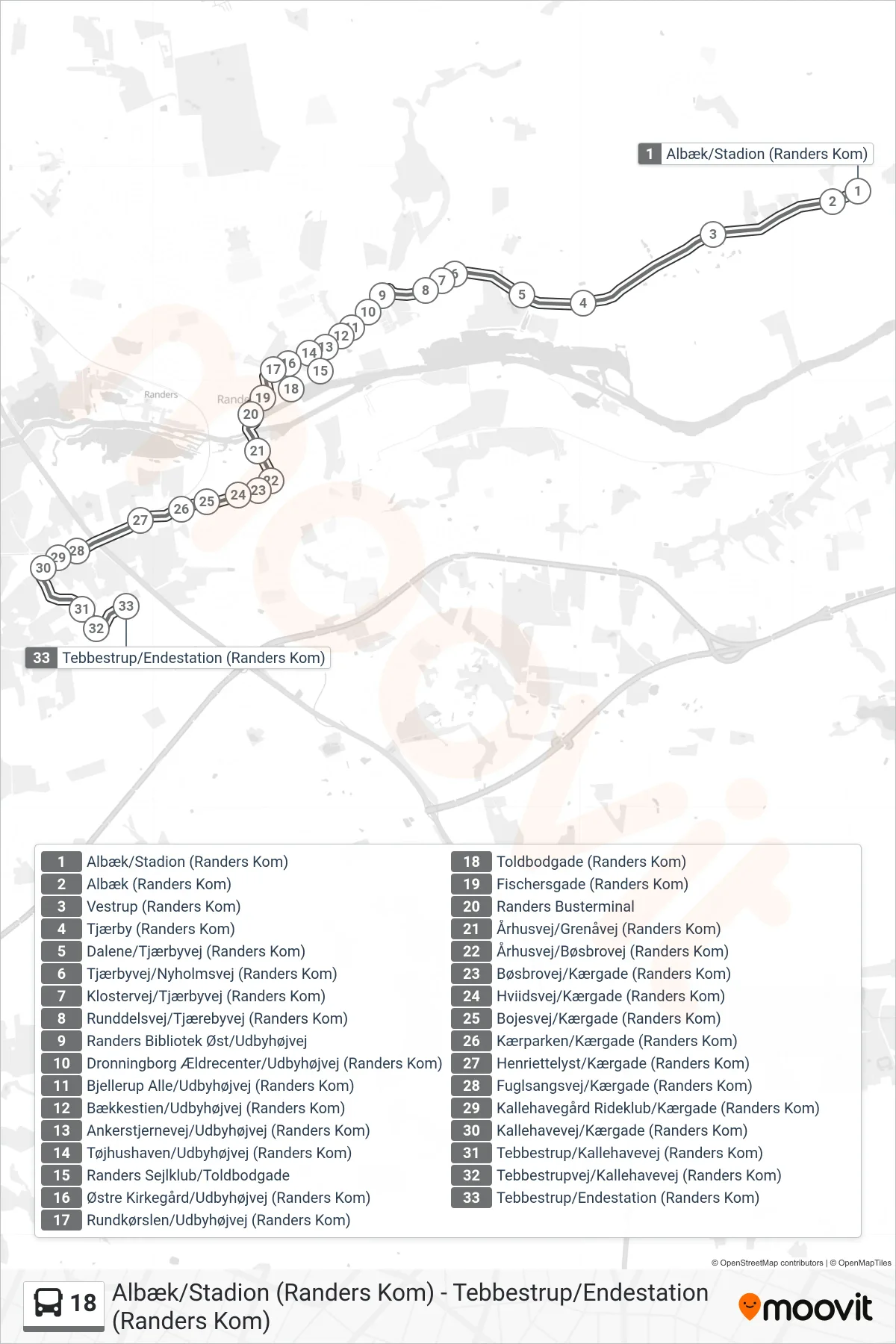 18 bus Linje (Tebbestrup/Endestation (Randers Kom)) rute og stop på et kort