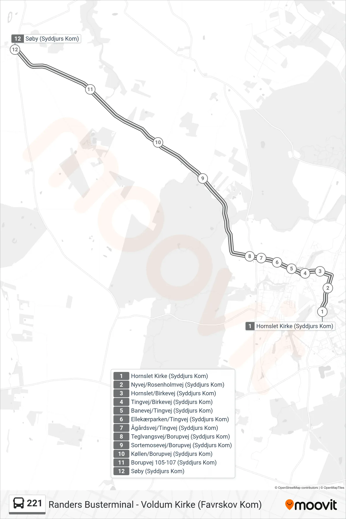 221 bus Linje (Søby) rute og stop på et kort