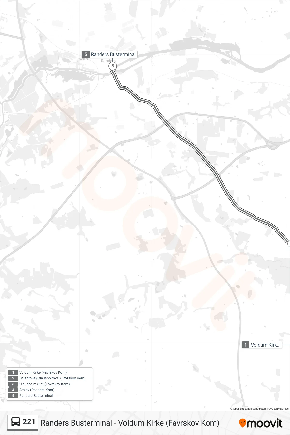 221 bus Linje (Randers Busterminal) rute og stop på et kort