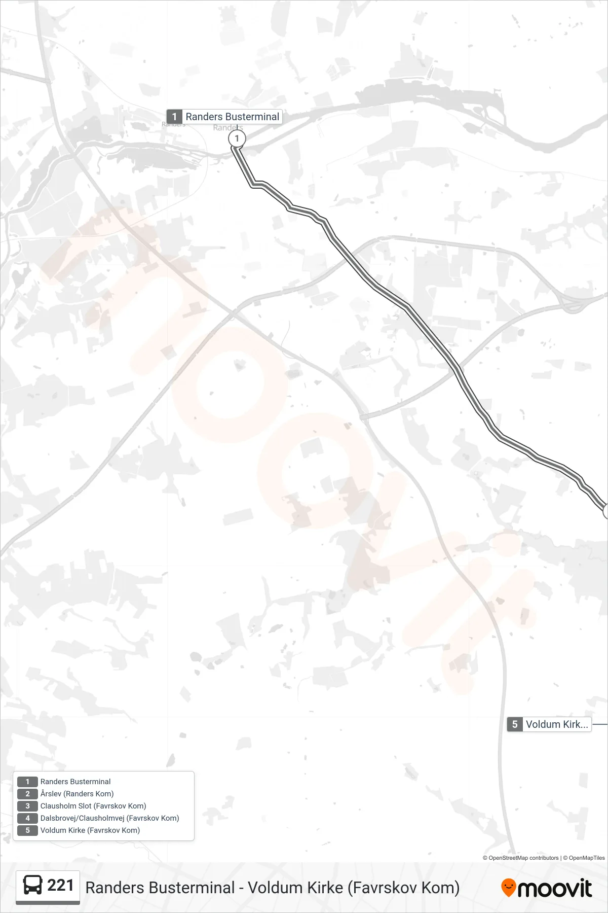221 bus Linje (Voldum) rute og stop på et kort