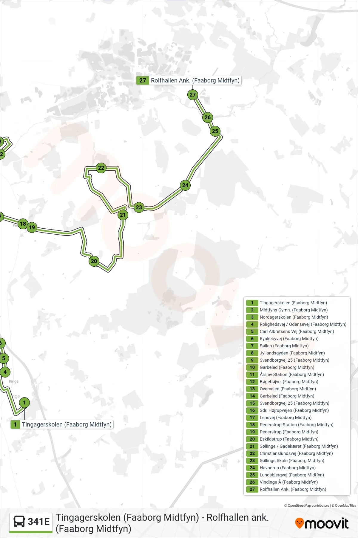 341E bus Linje (Rolfsted) rute og stop på et kort