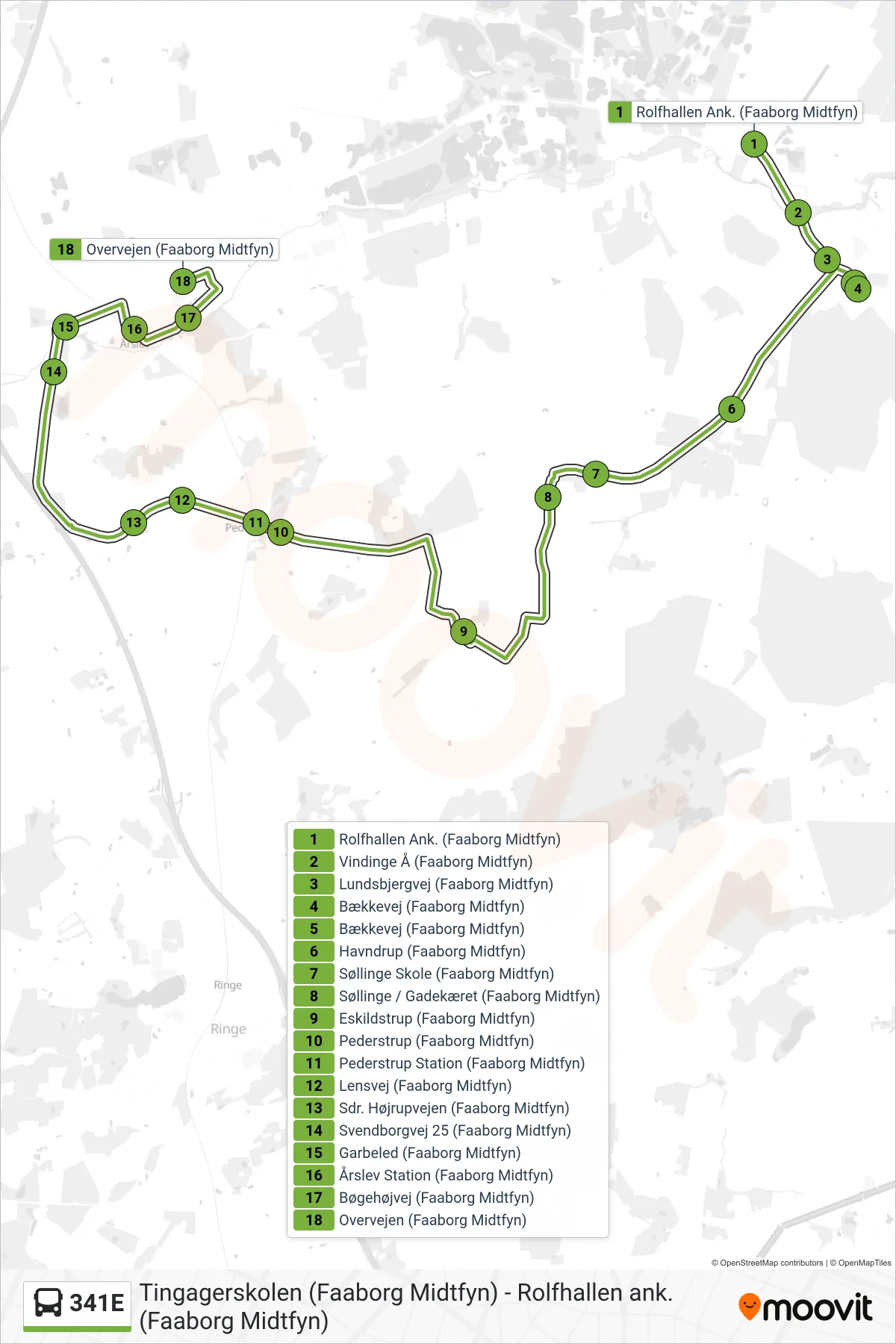 341E bus Linje (Årslev) rute og stop på et kort