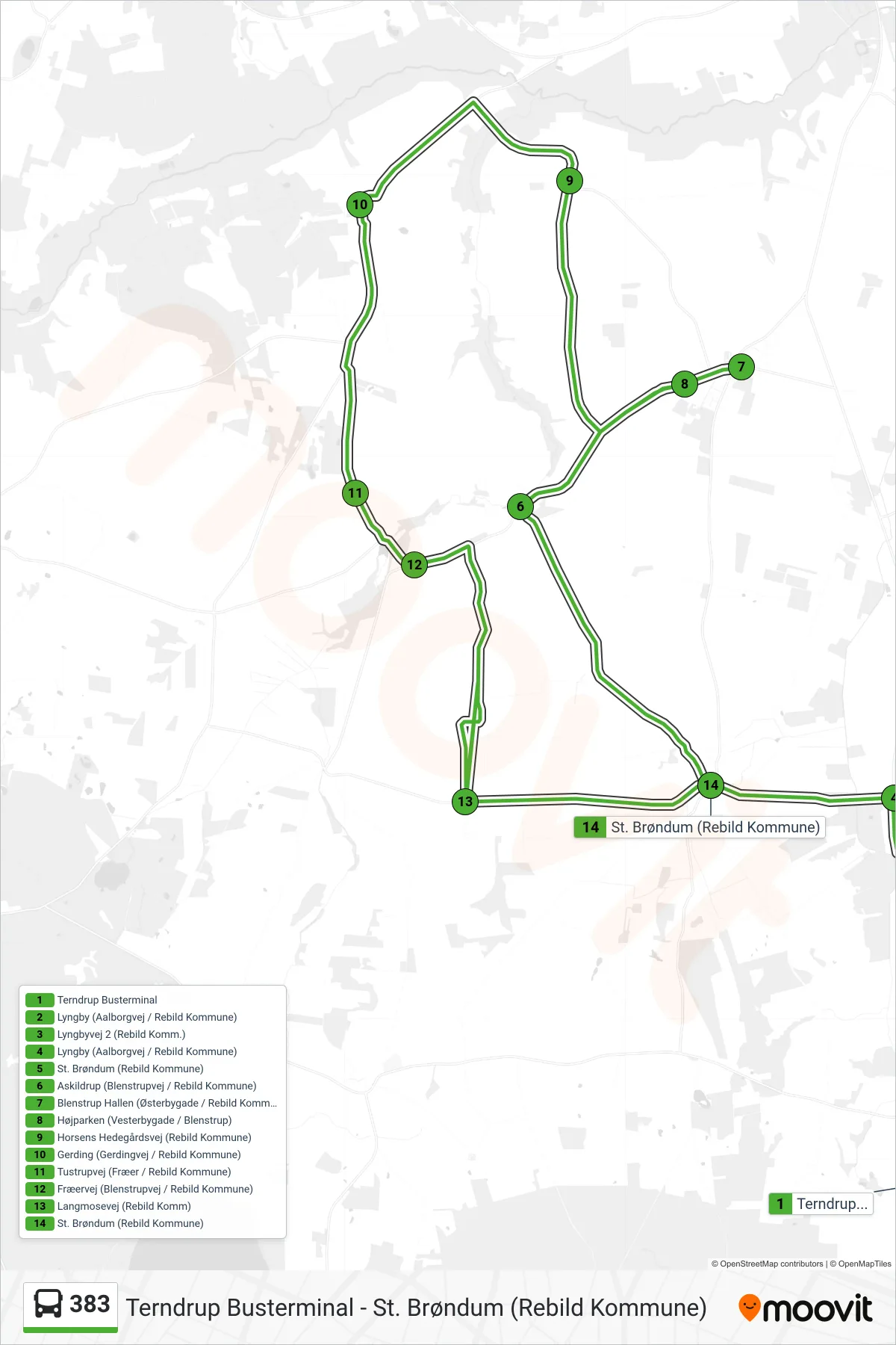 383 bus Linje (St. Brøndum (Rebild Kommune)) rute og stop på et kort