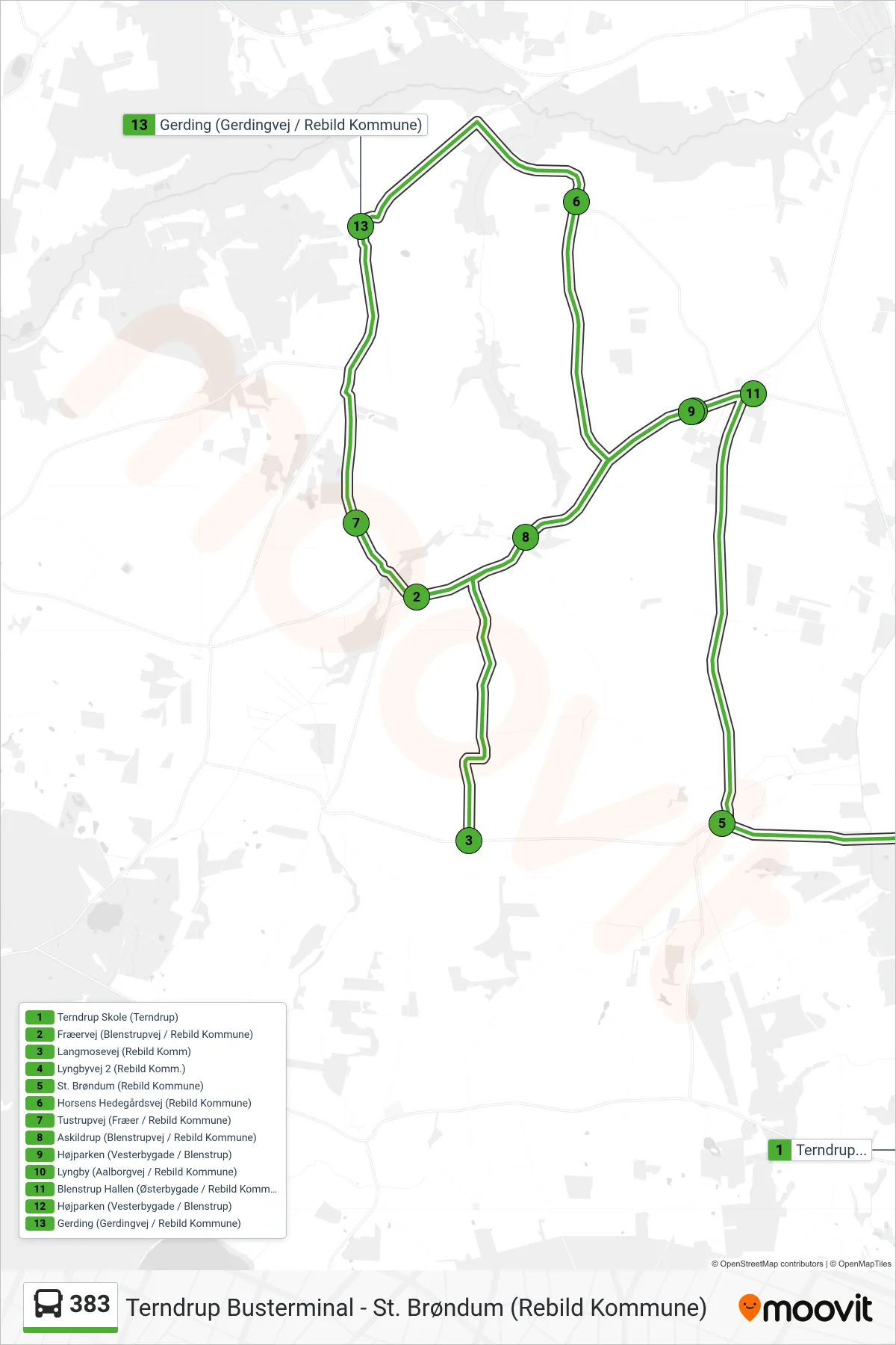 383 bus Linje (Terndrup Skole (Terndrup)) rute og stop på et kort