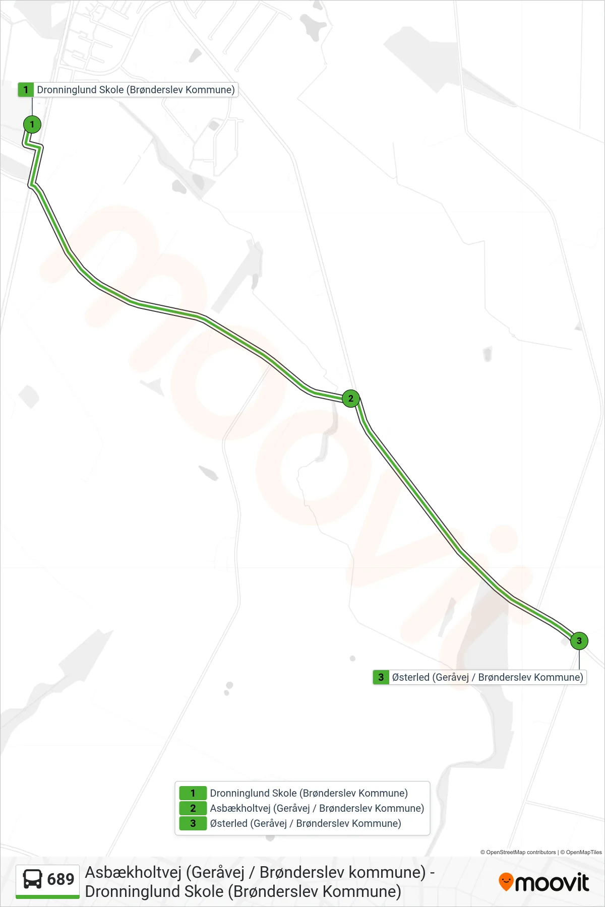 689 bus Linje (Østerled (Geråvej / Brønderslev Kommune)) rute og stop på et kort