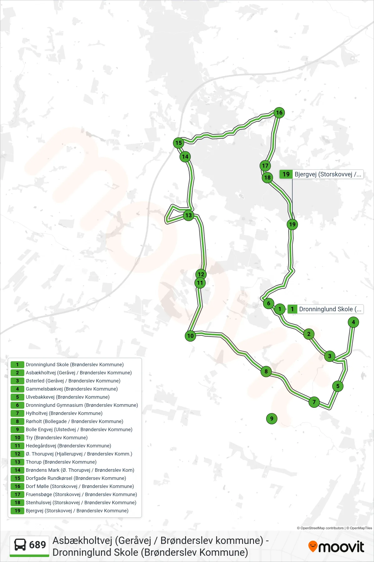 689 bus Linje (Dronninglund Gymnasium (Brønderslev Kommune)) rute og stop på et kort