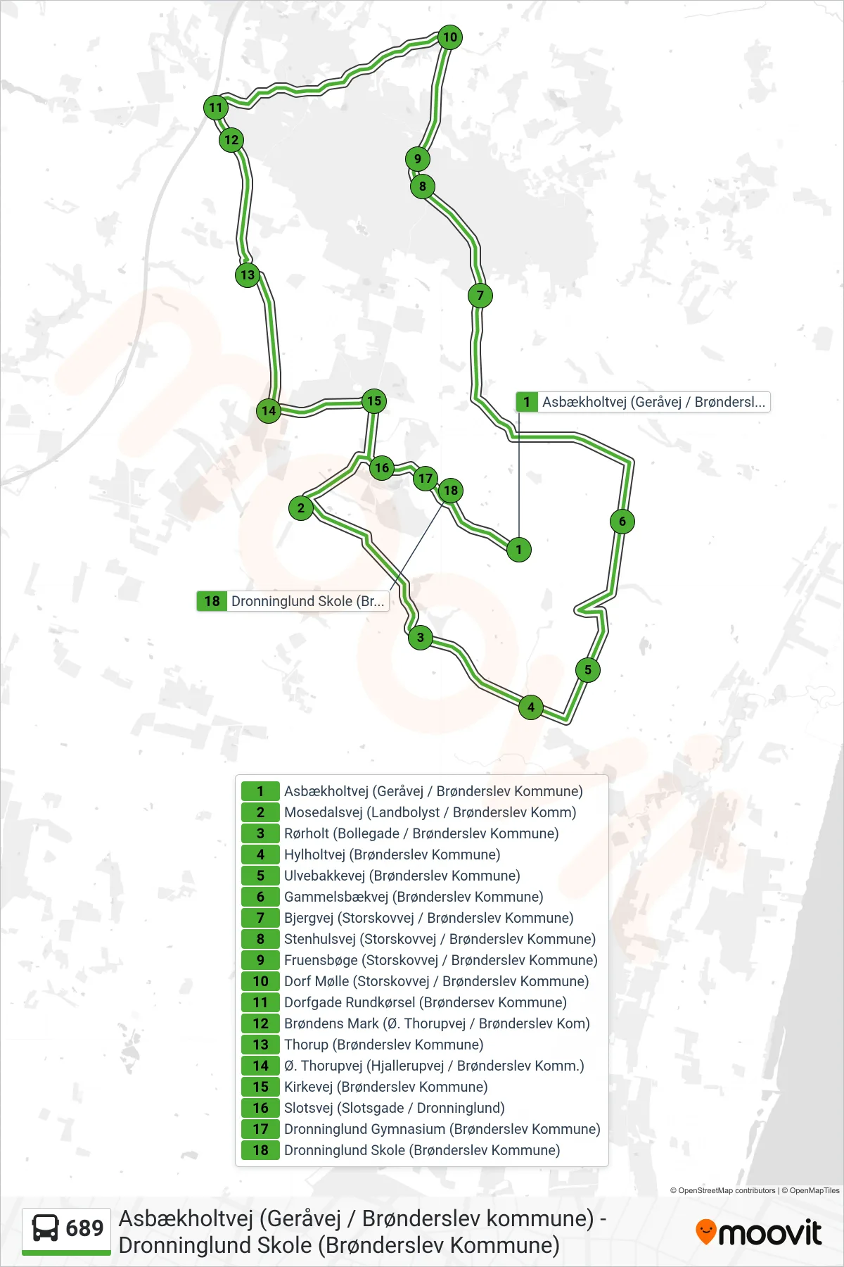 689 bus Linje (Dronninglund Skole (Brønderslev Kommune)) rute og stop på et kort