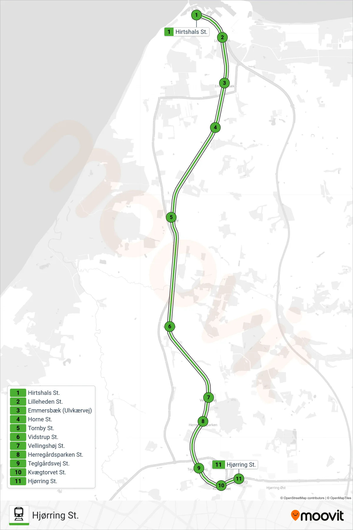 76 train Line (Hjørring St.) route and stops on a map