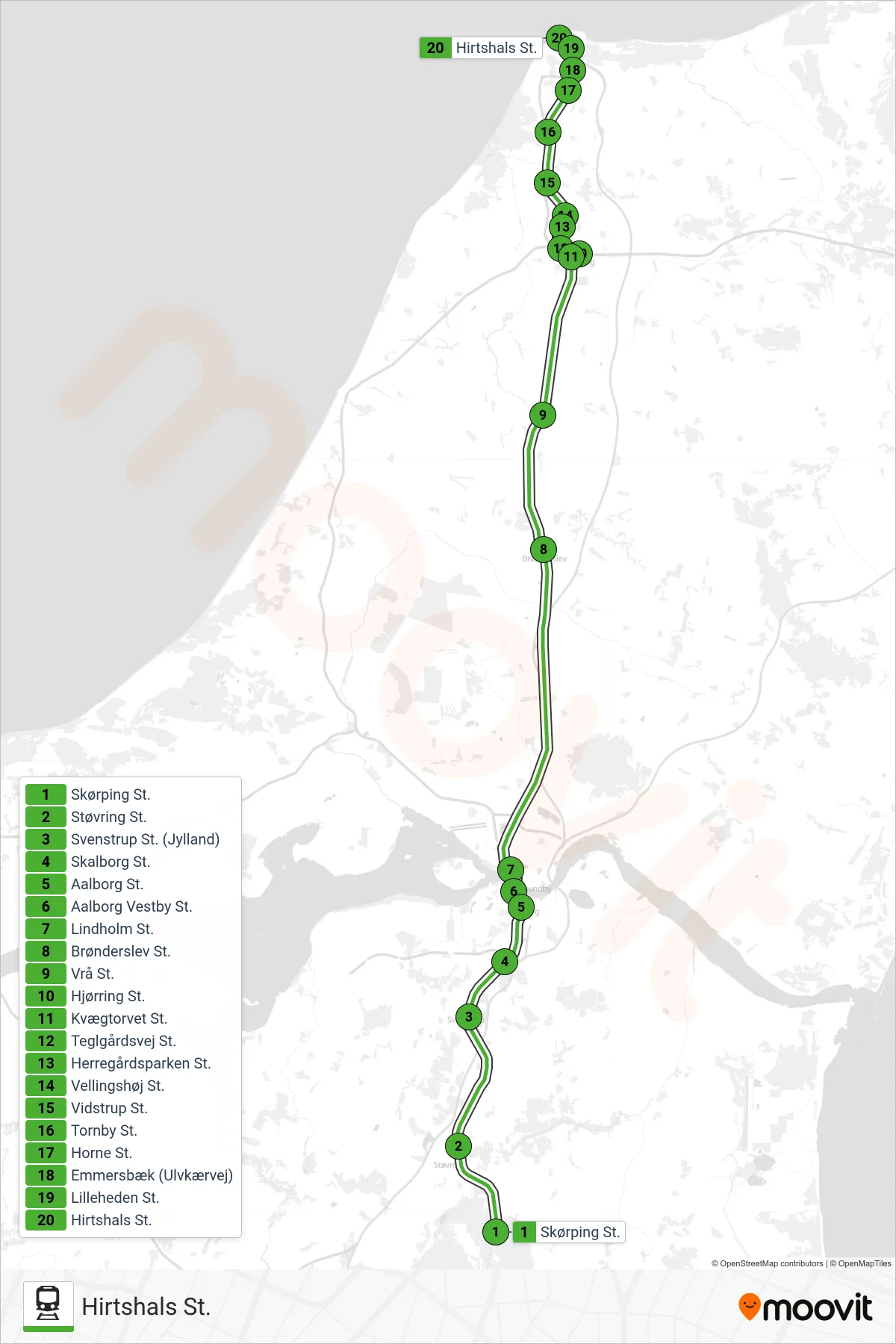 76 jernbane Linje (Hirtshals St.) rute og stop på et kort