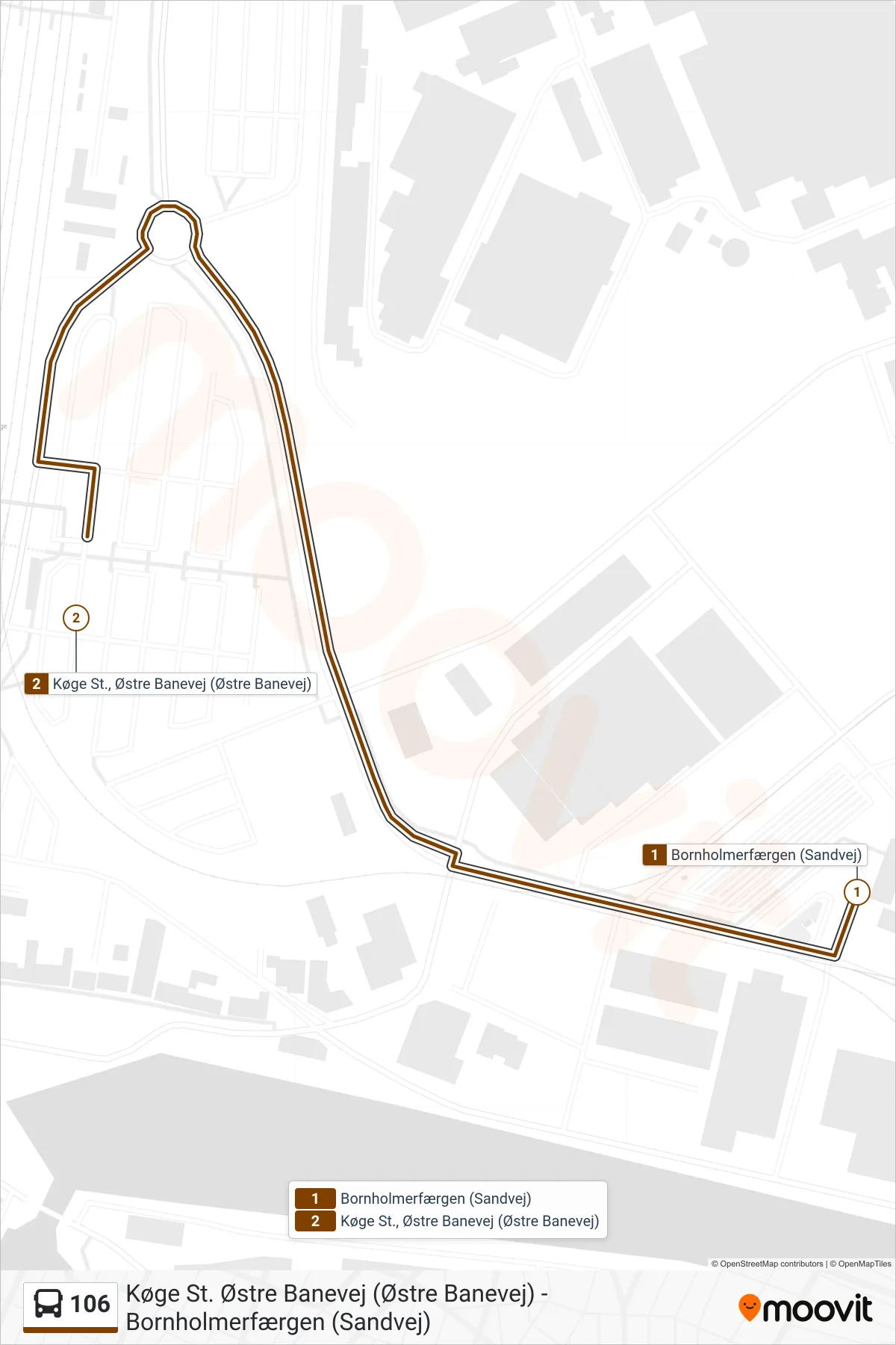 106 bus Linje (Køge St. Østre Banevej) rute og stop på et kort