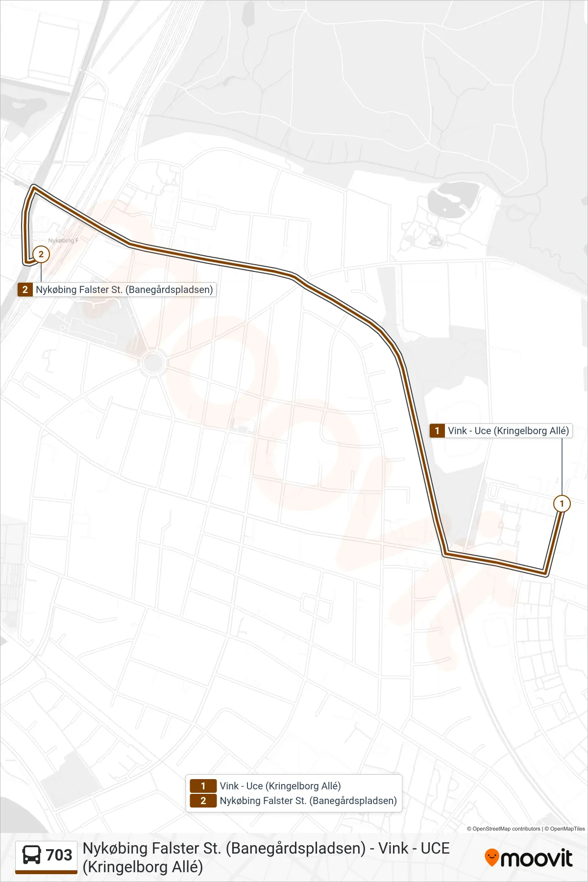 703 bus Linje (Nykøbing F St.) rute og stop på et kort