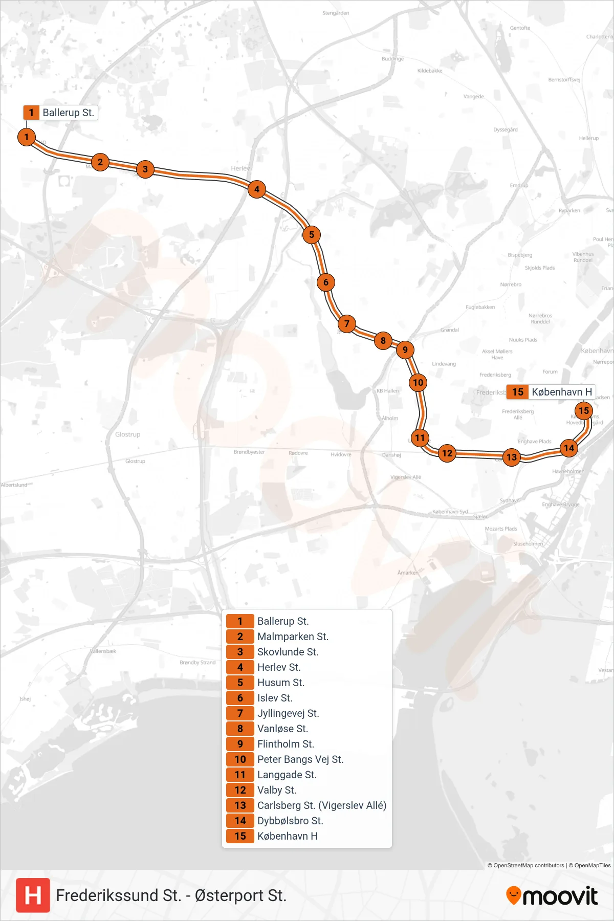H jernbane Linje (København H) rute og stop på et kort