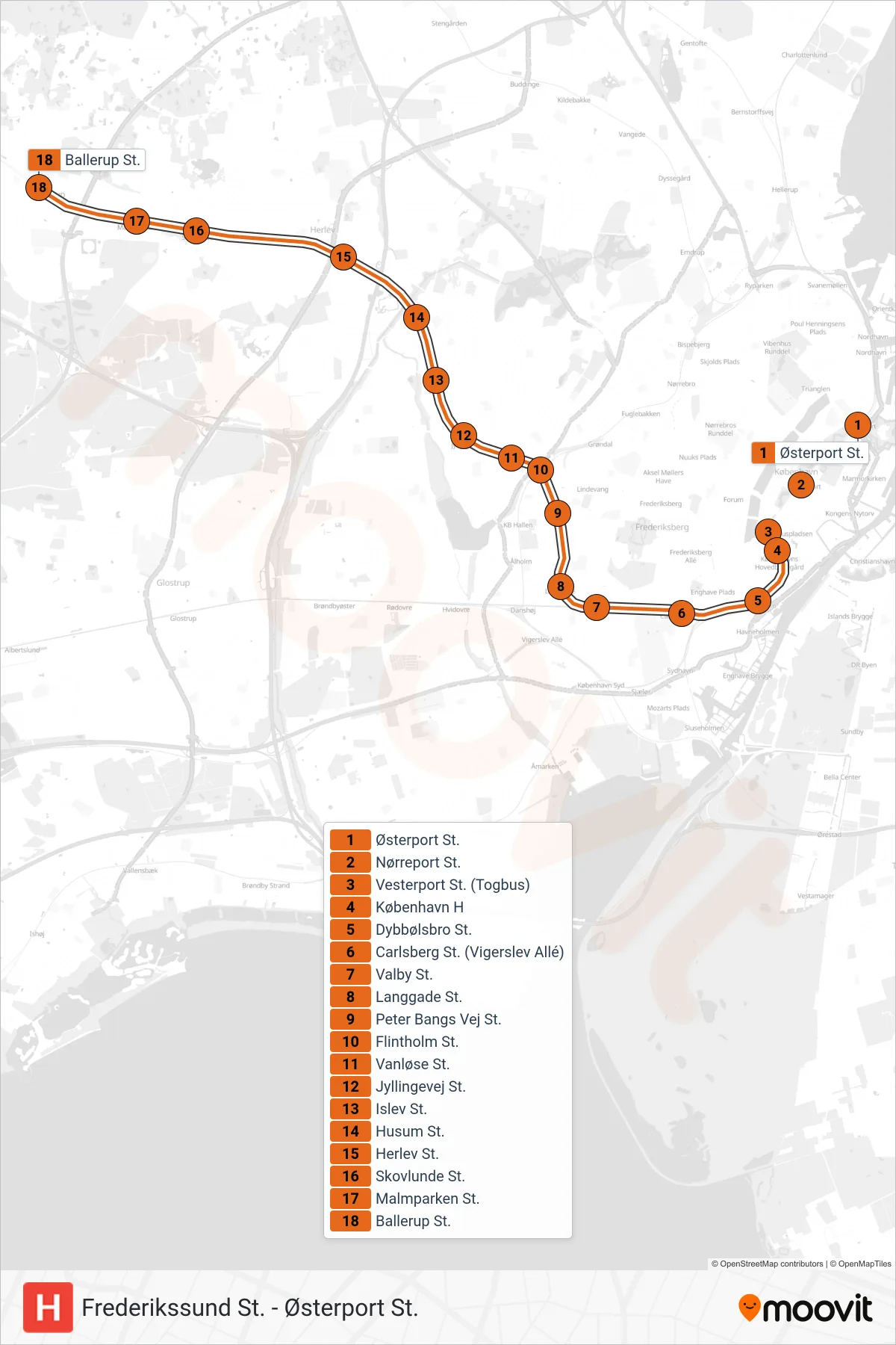 H jernbane Linje (Ballerup St.) rute og stop på et kort