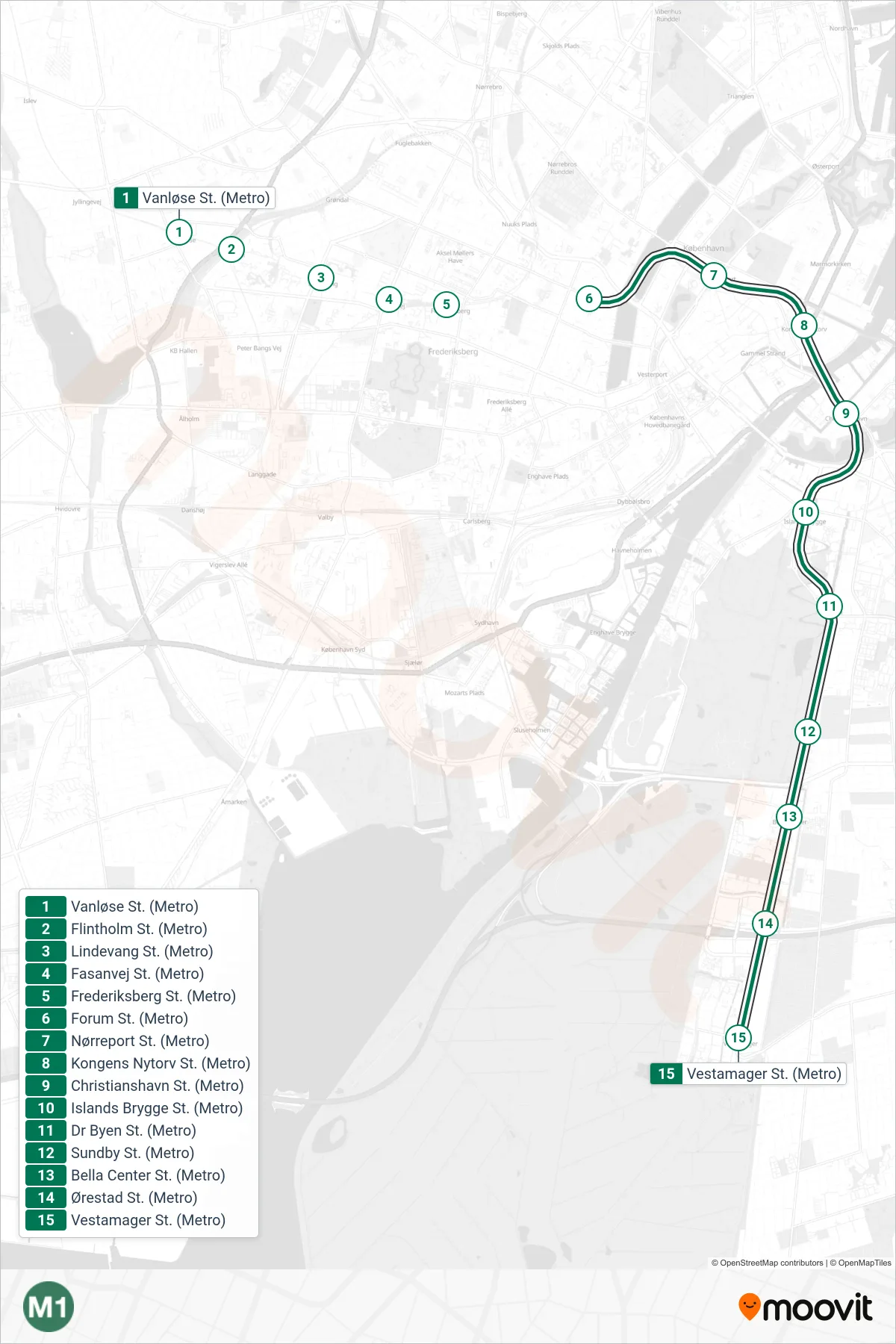 M1 metro Linje (Vestamager St.) rute og stop på et kort