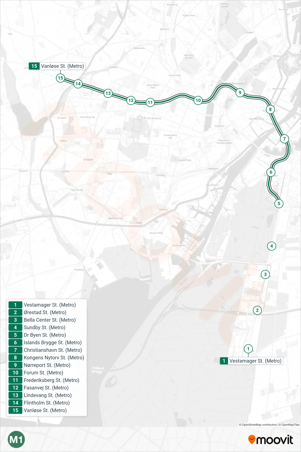M1 metro Linje (Vanløse St.) rute og stop på et kort
