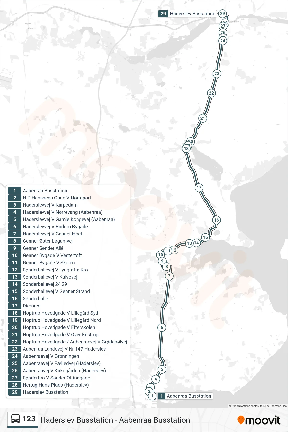 123 bus Linje (Haderslev) rute og stop på et kort