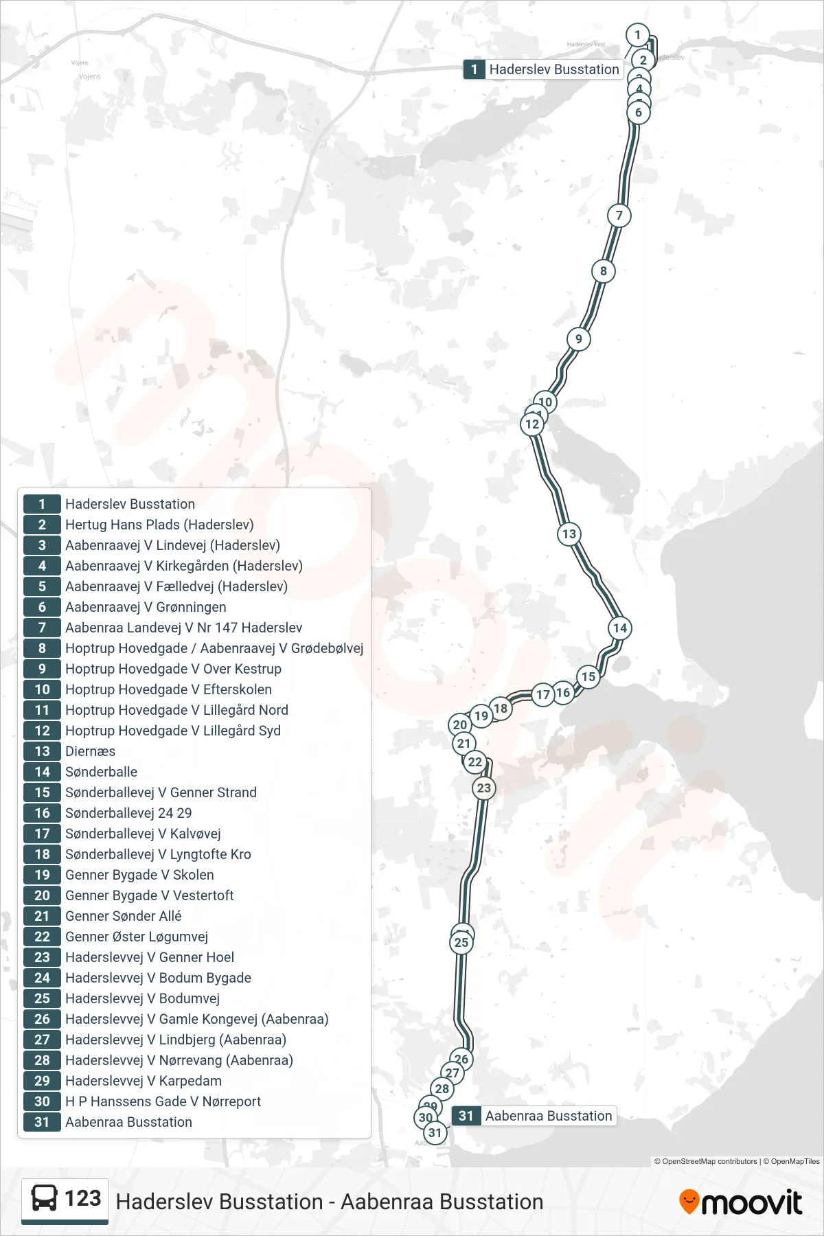 123 bus Linje (Aabenraa) rute og stop på et kort