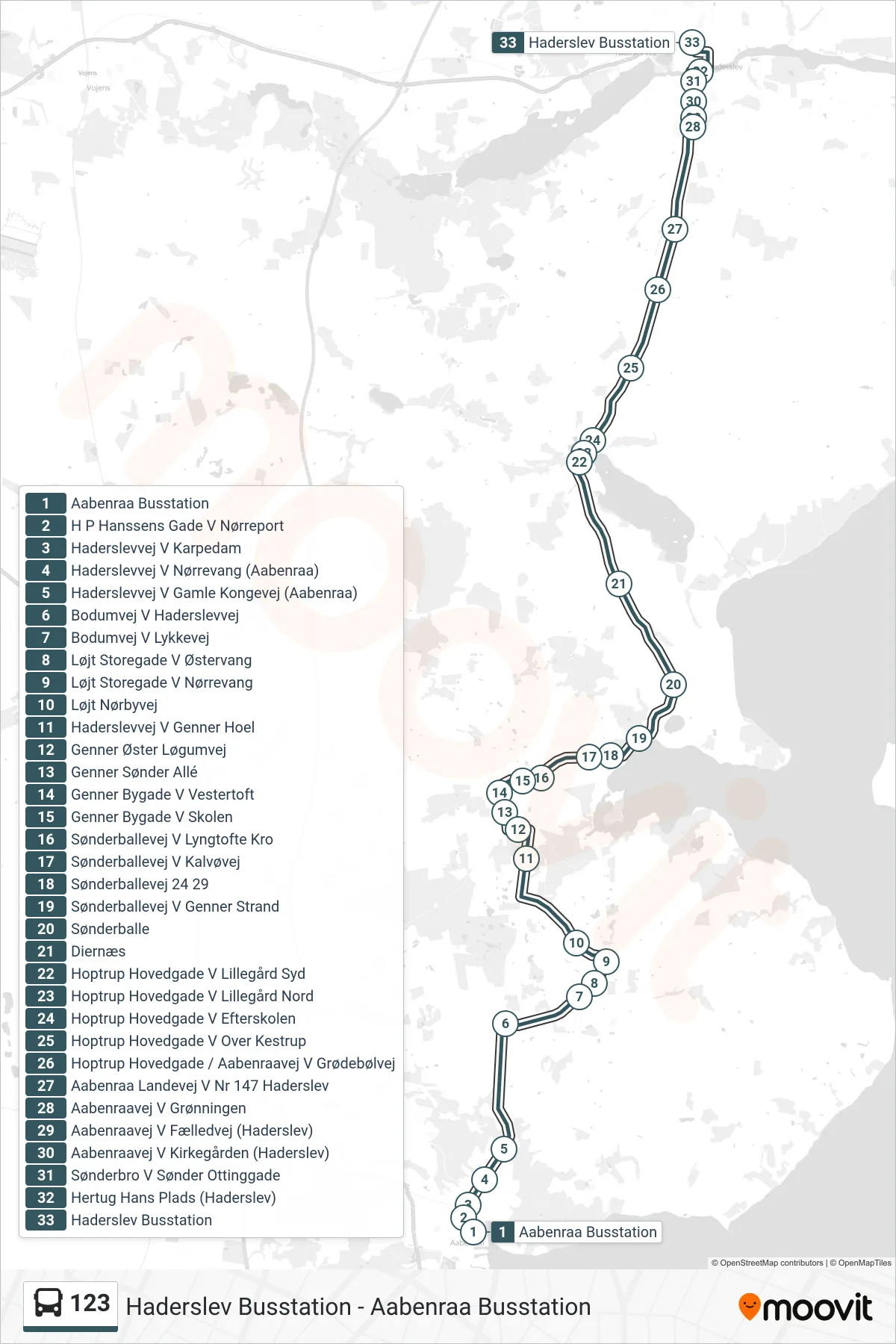 123 bus Linje (Haderslev Via Løjt Kirkeby) rute og stop på et kort