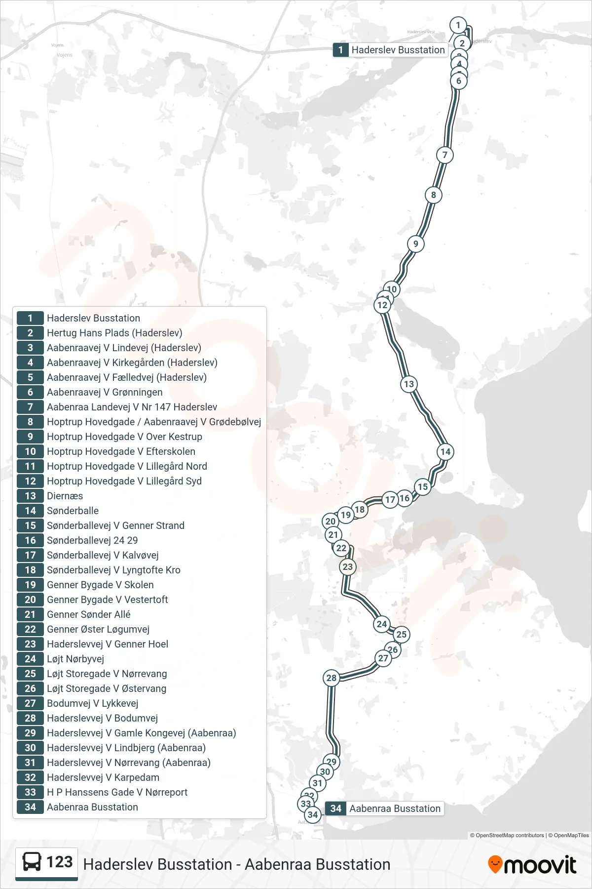 123 bus Linje (Aabenraa Via Løjt Kirkeby) rute og stop på et kort