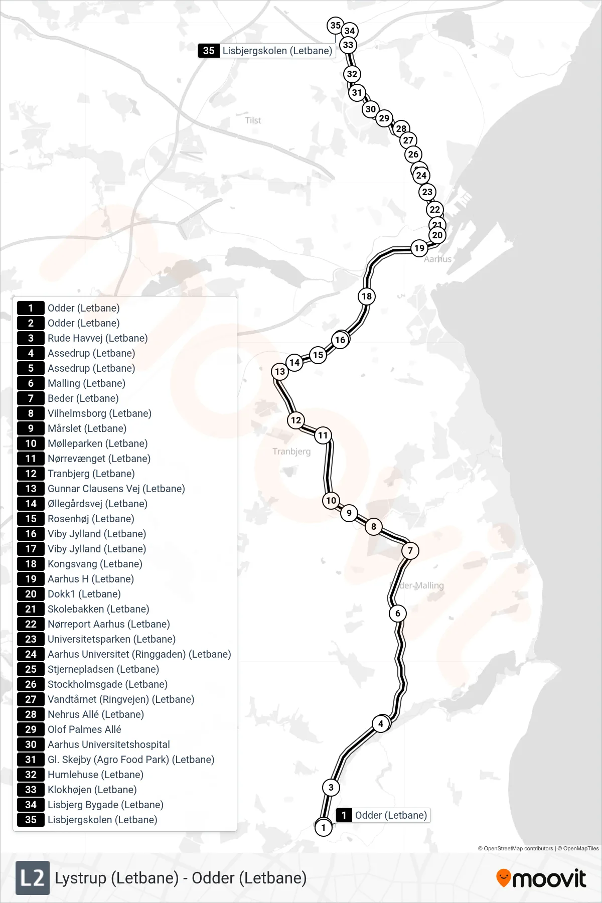 L2 bybane Linje (Lisbjergskolen) rute og stop på et kort