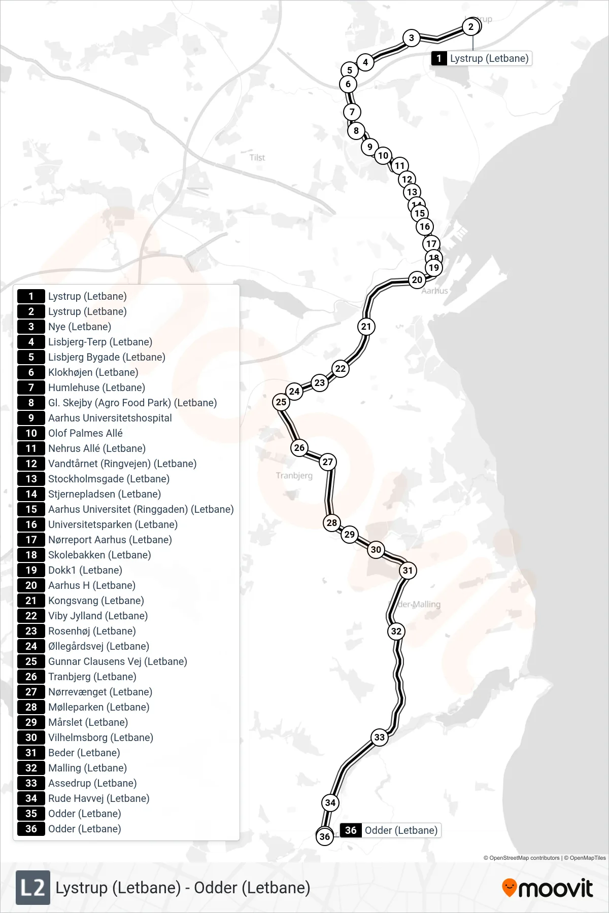 L2 bybane Linje (Odder) rute og stop på et kort