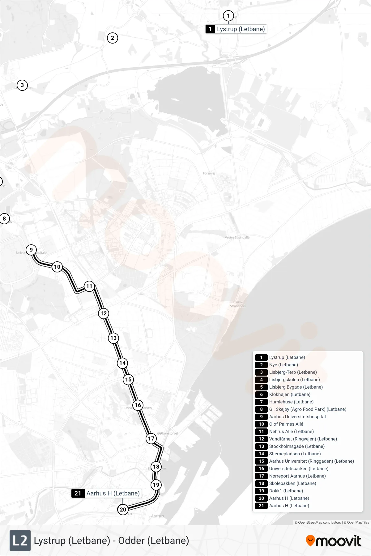 L2 bybane Linje (Aarhus H) rute og stop på et kort