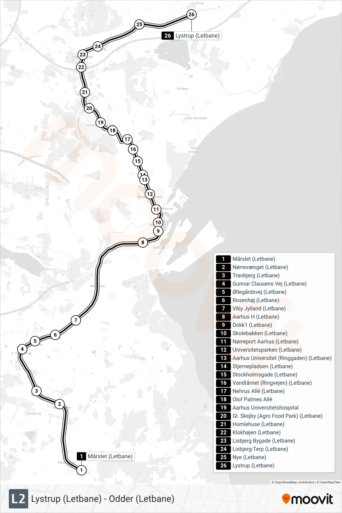 L2 bybane Linje (Lystrup) rute og stop på et kort