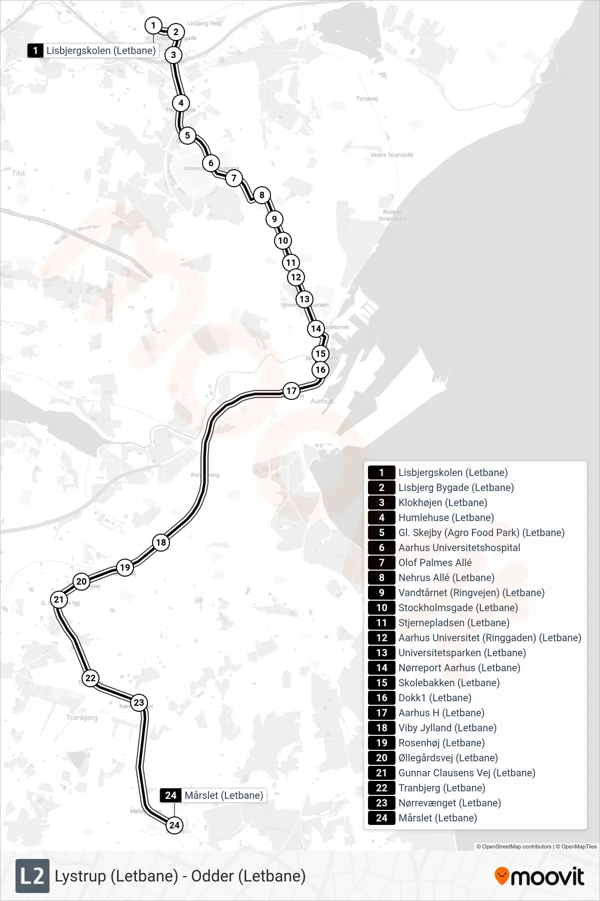 L2 bybane Linje (Mårslet) rute og stop på et kort