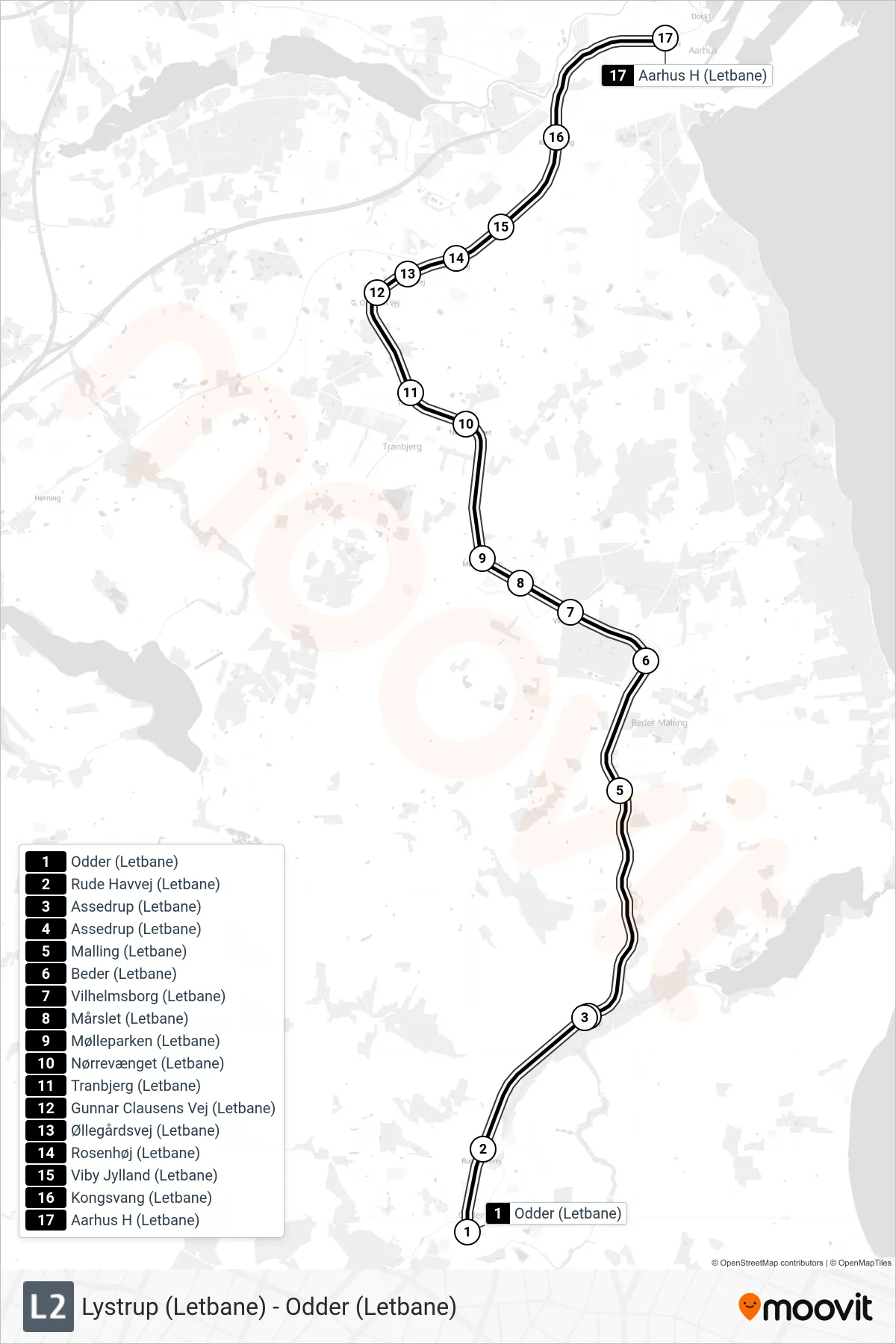L2 bybane Linje (Aarhus H) rute og stop på et kort