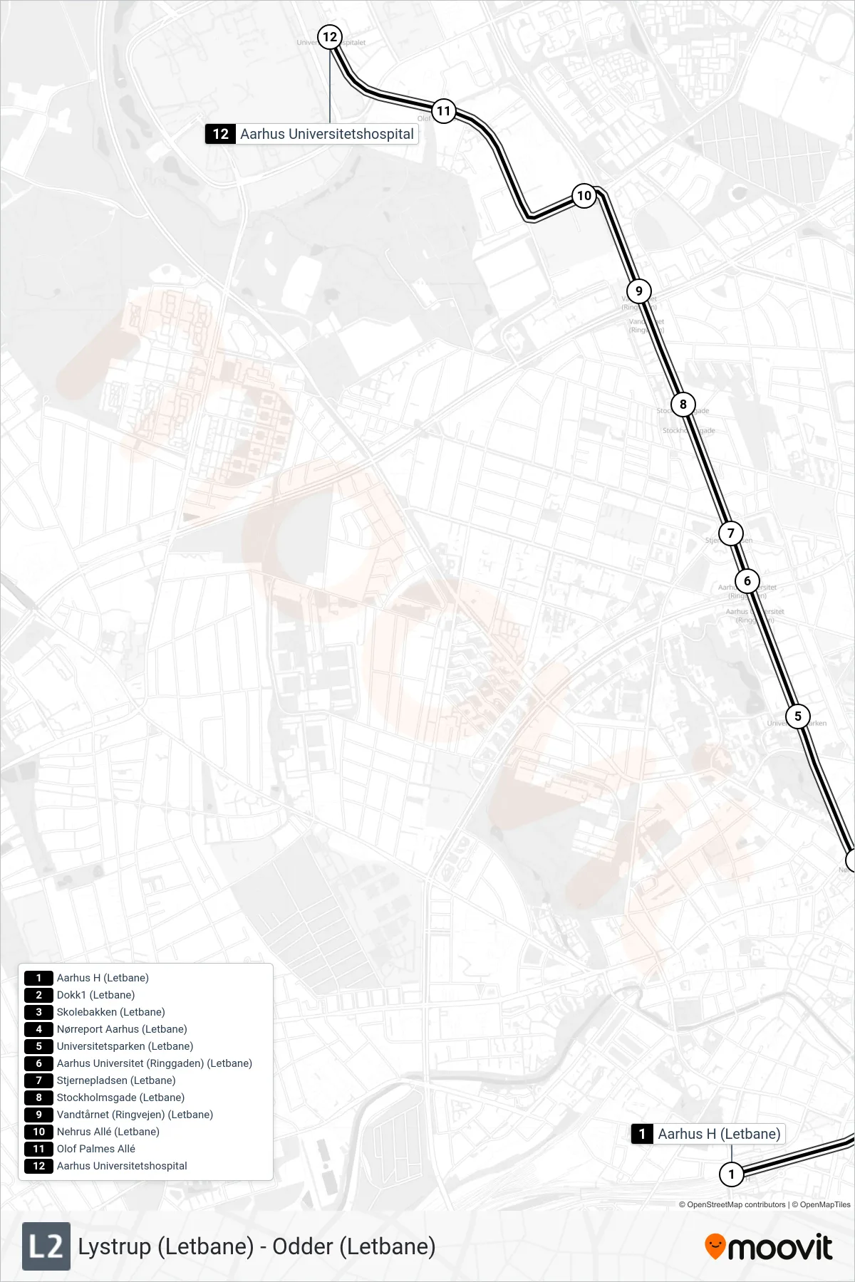 L2 bybane Linje (Universitetshospitalet) rute og stop på et kort