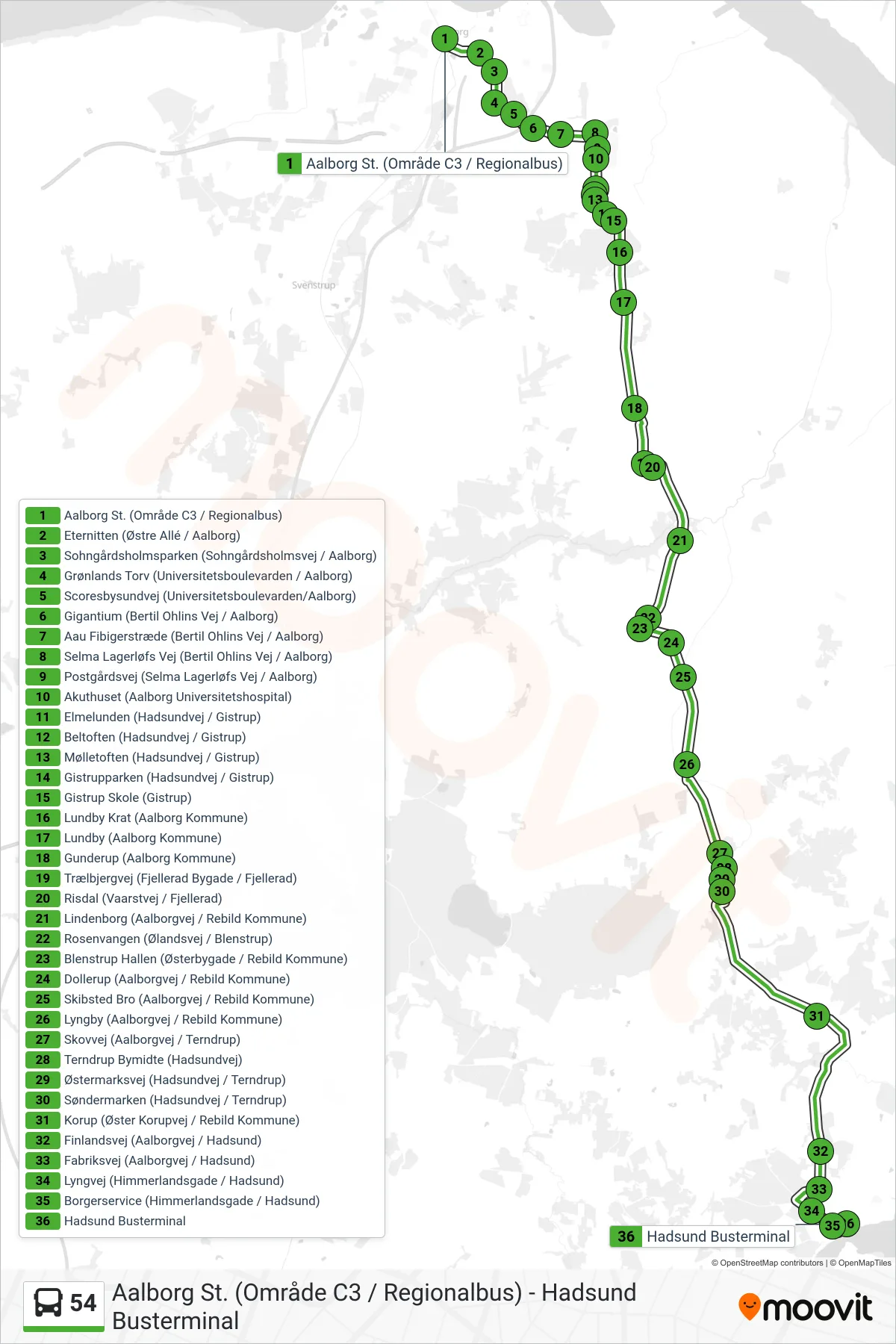 54 bus Line (Hadsund) route and stops on a map