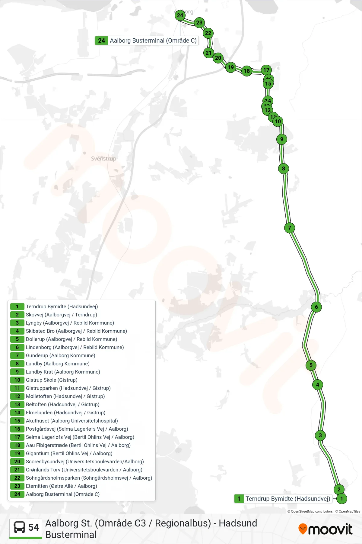 54 bus Linje (Ekstra (Aalborg)) rute og stop på et kort