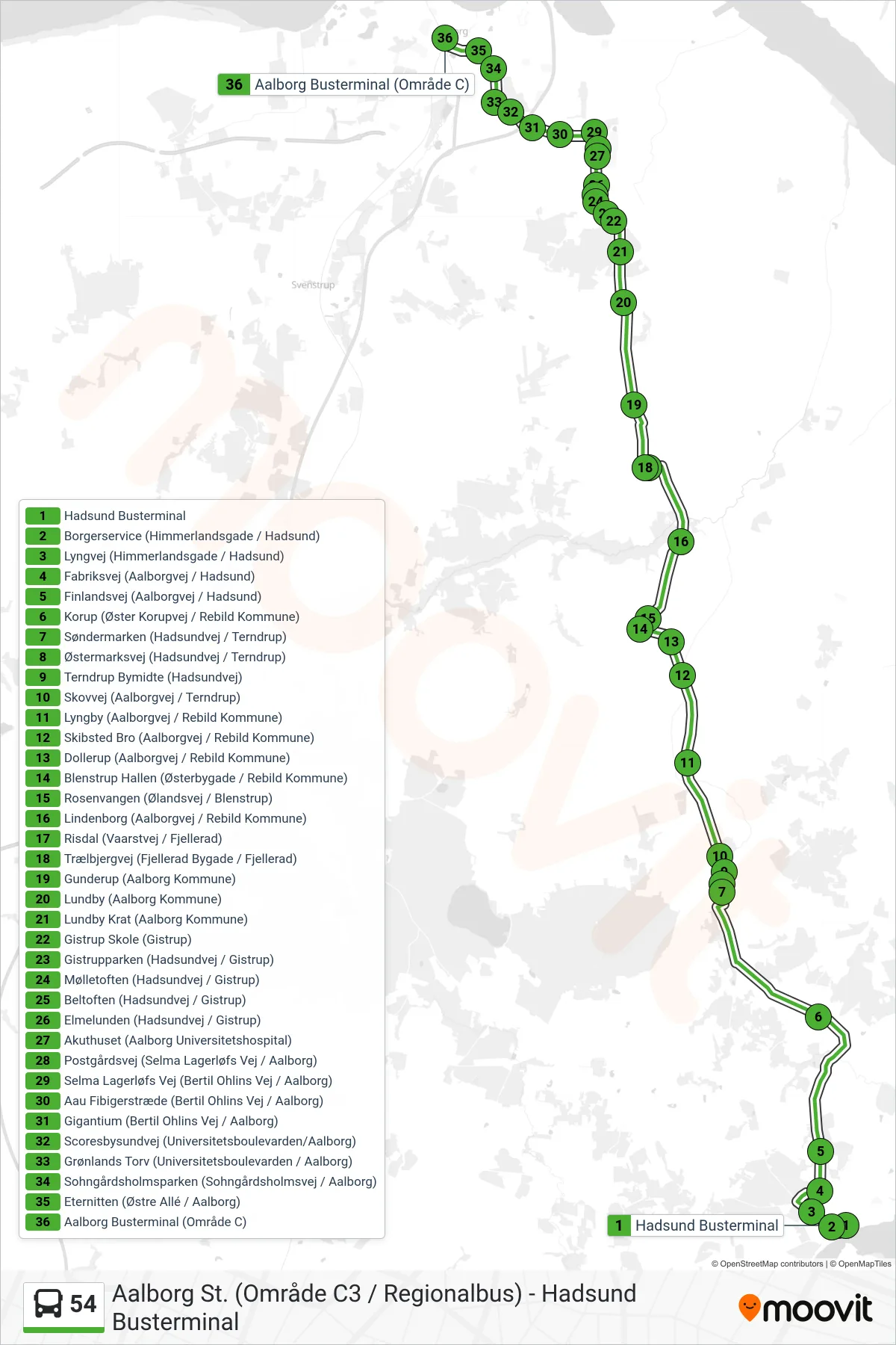 54 bus Linje (Aalborg St.) rute og stop på et kort