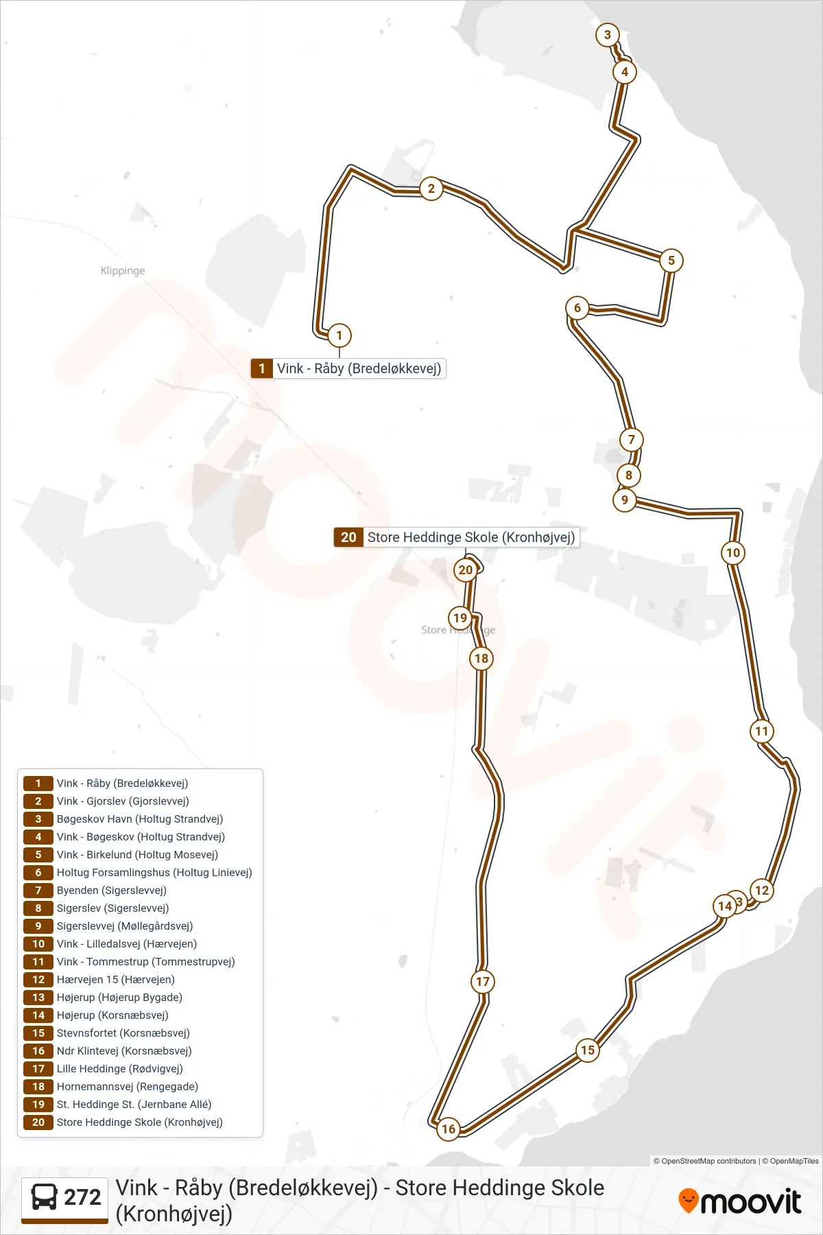 272 bus Linje (Store Heddinge Skole) rute og stop på et kort