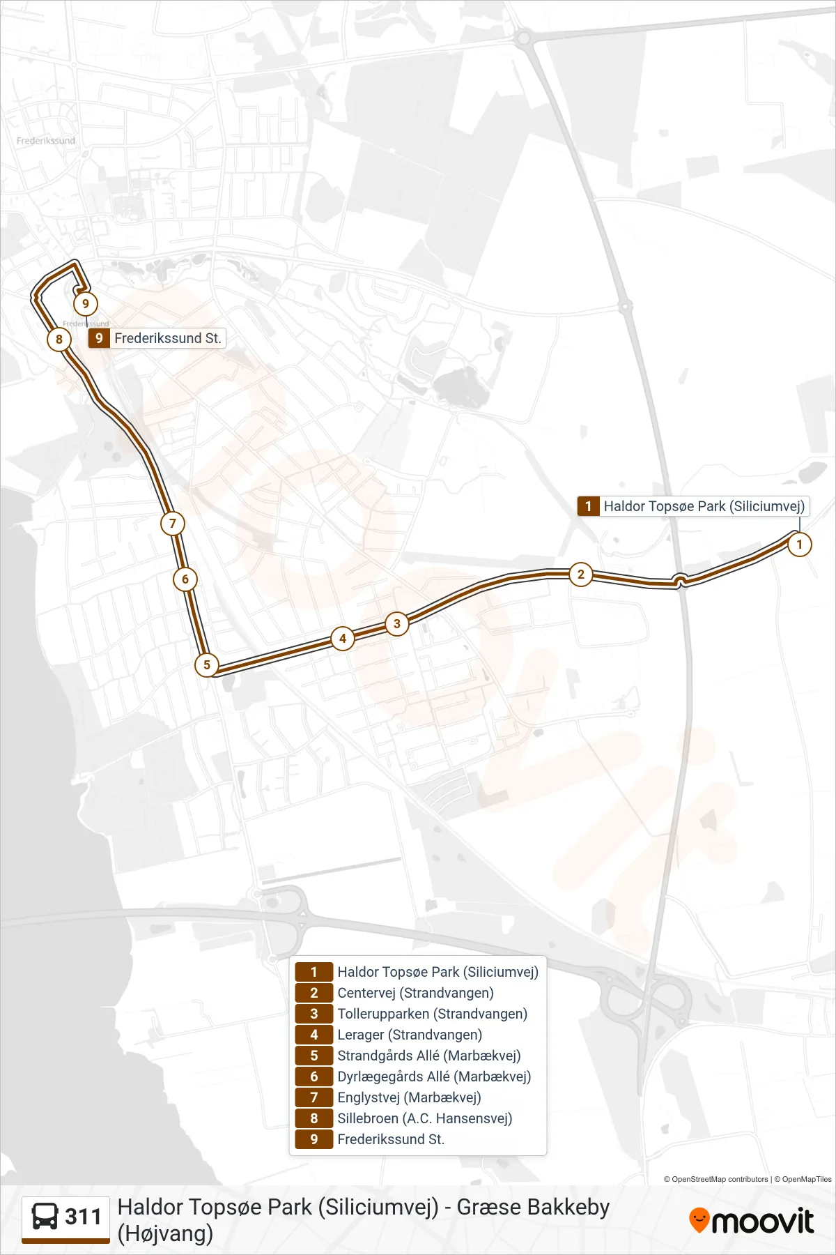 311 bus Linje (Frederikssund St.) rute og stop på et kort