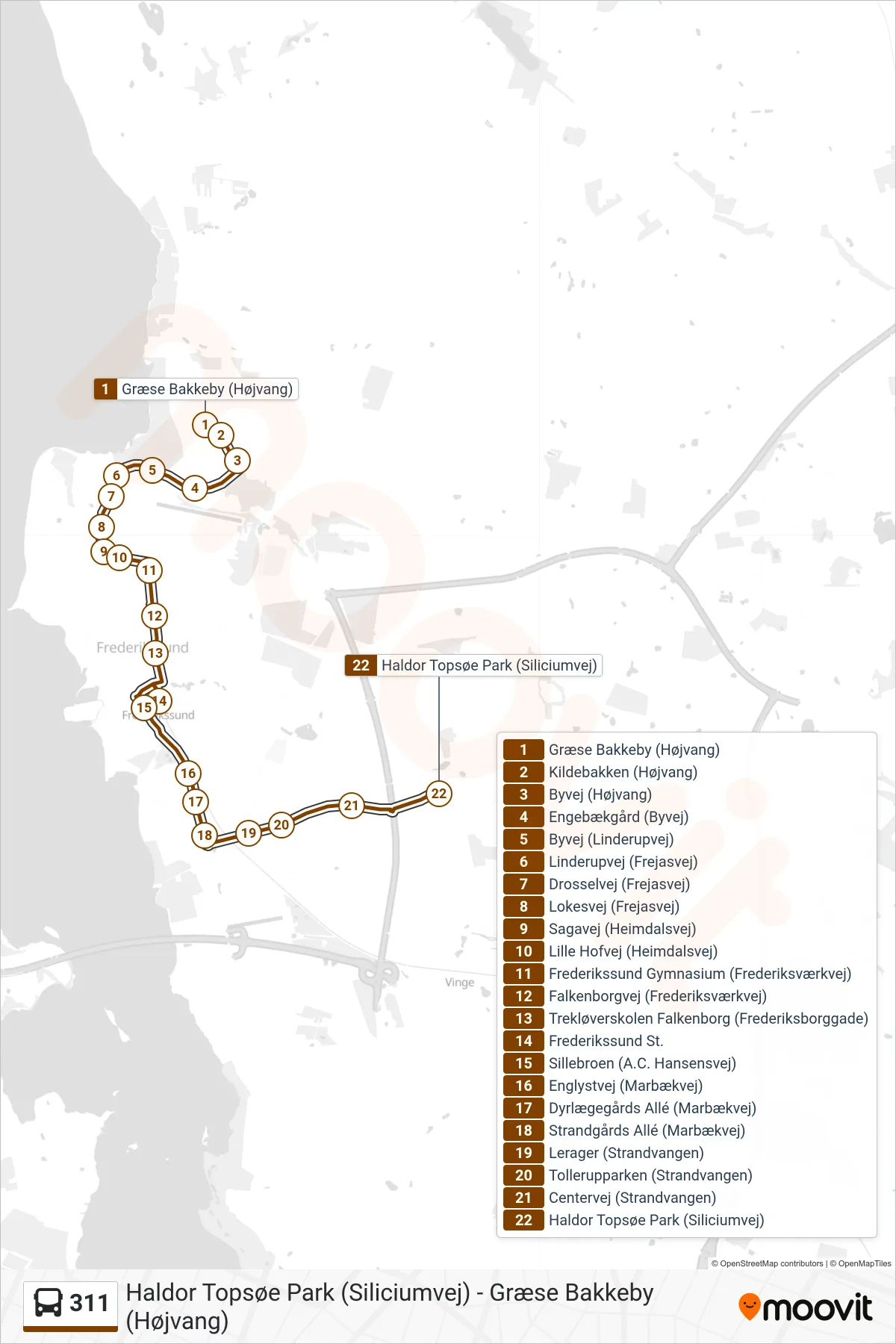 311 bus Linje (Haldor Topsøe Park) rute og stop på et kort