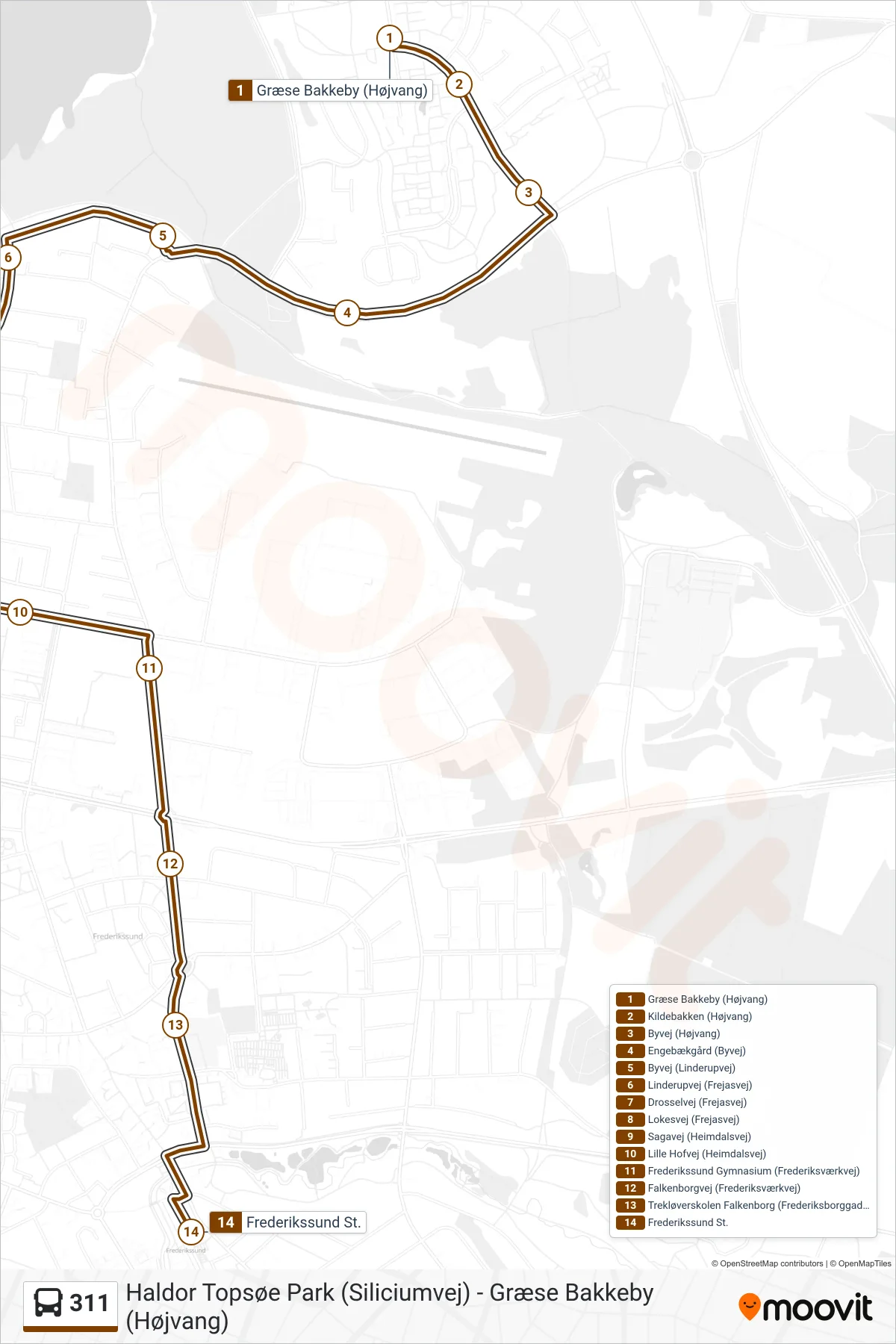 311 bus Linje (Frederikssund St.) rute og stop på et kort