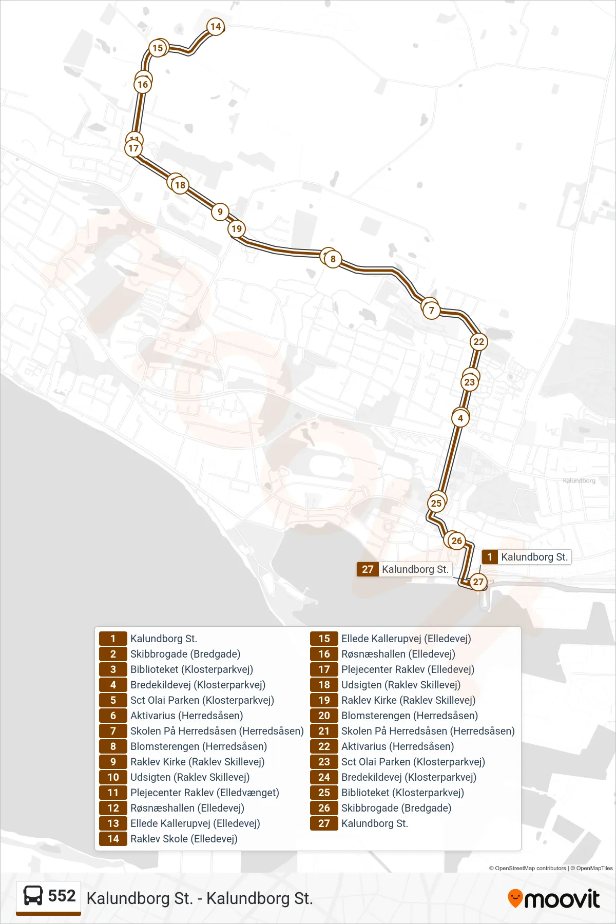 552 bus Linje (Kalundborg St.) rute og stop på et kort