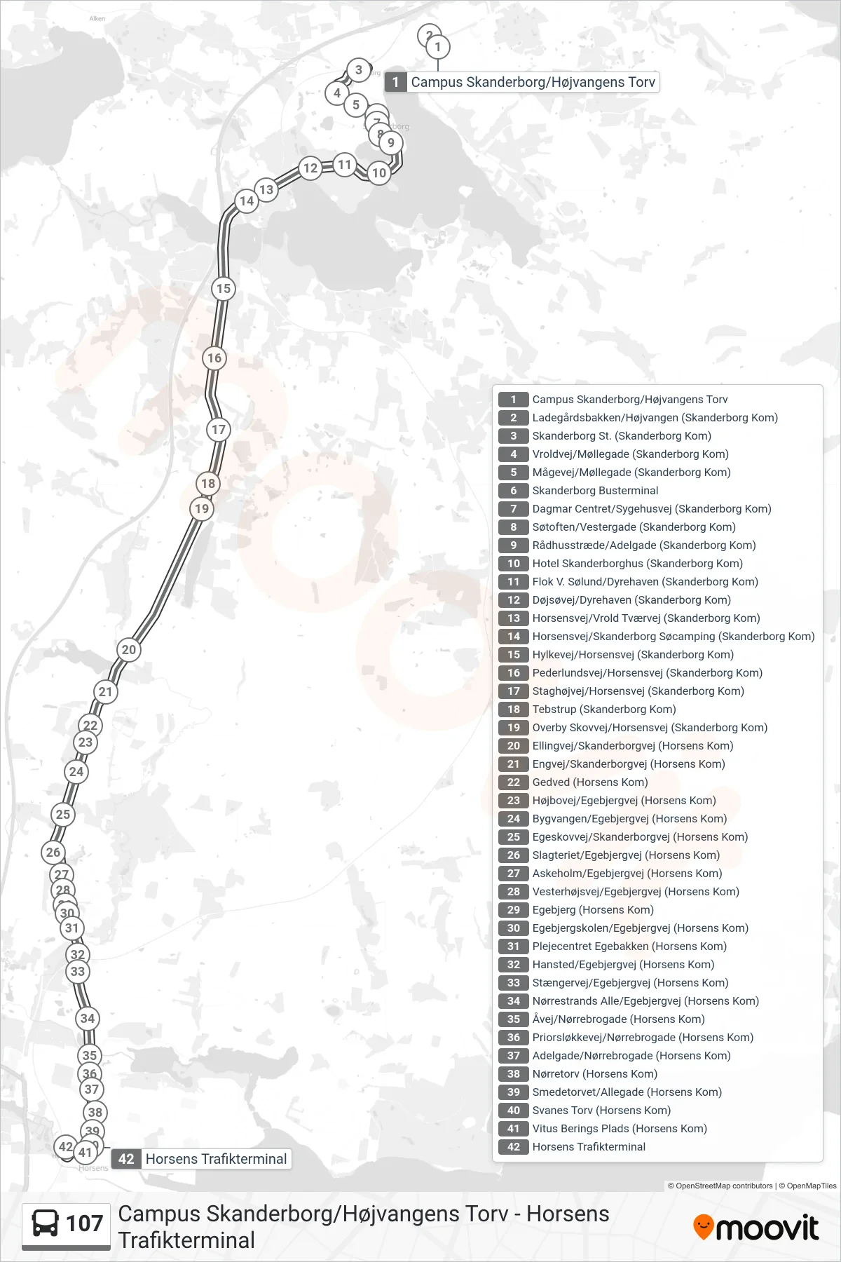 107 bus Linje (Horsens Trafikterminal) rute og stop på et kort