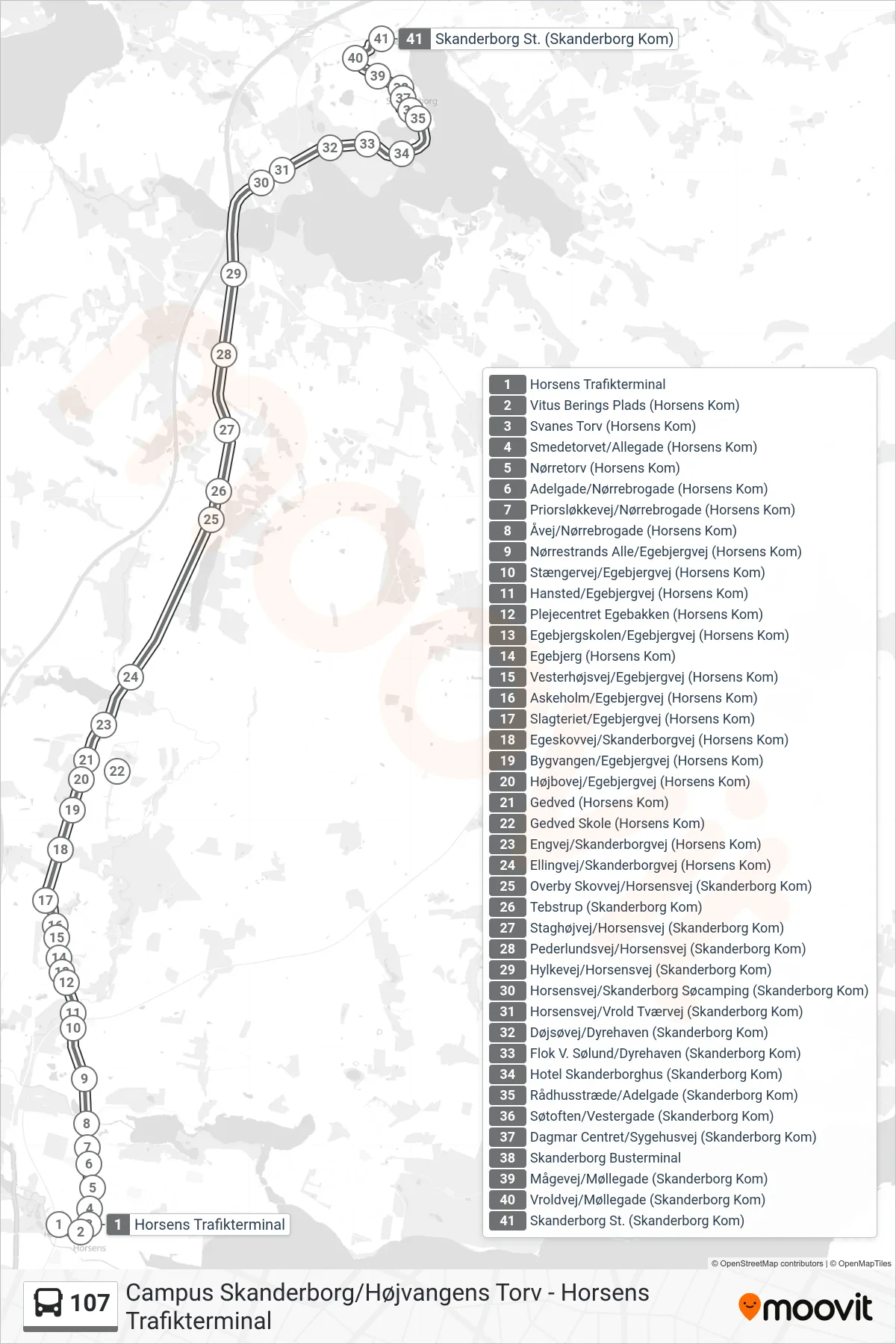 107 bus Linje (Skanderborg St.) rute og stop på et kort