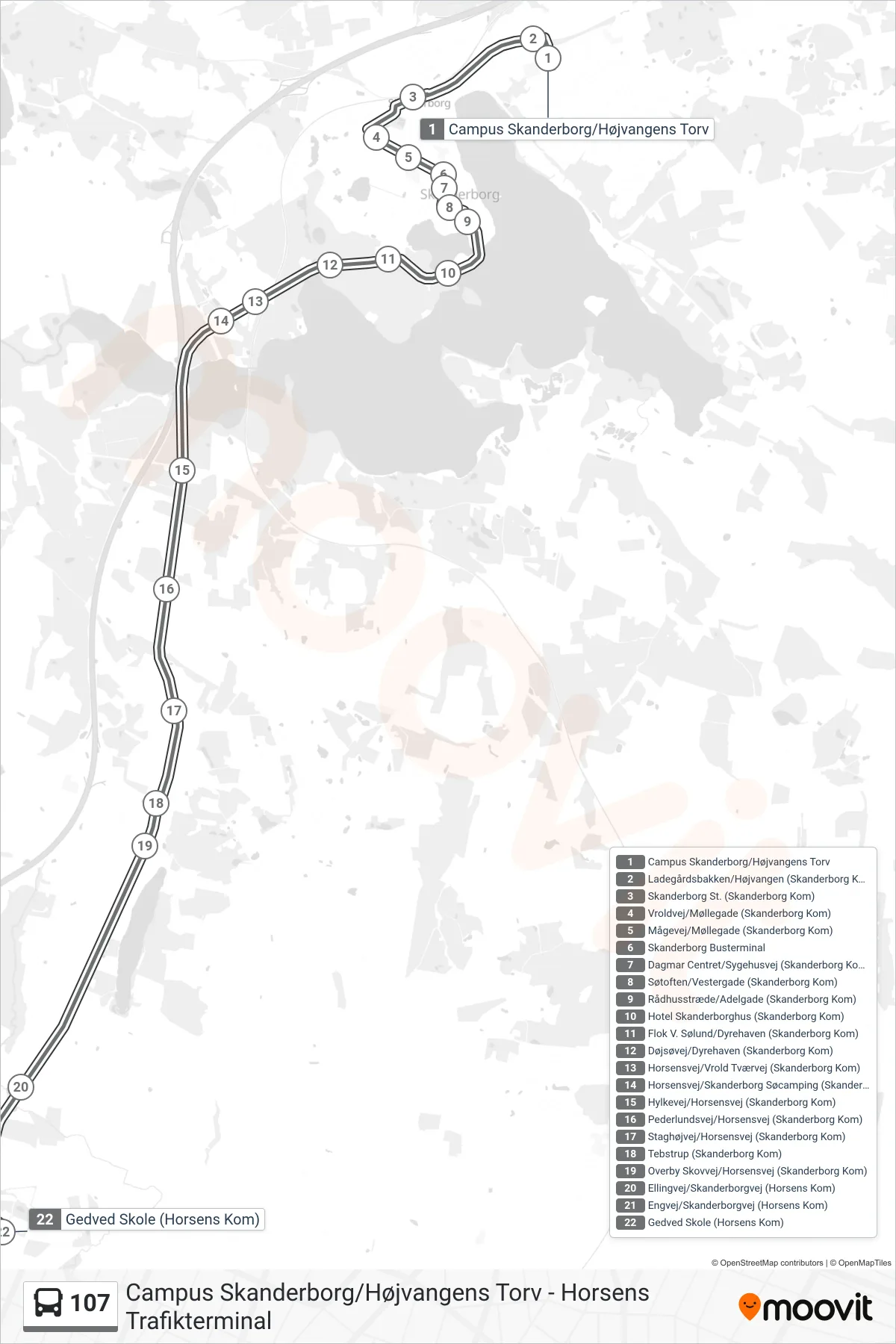 107 bus Linje (Gedved Skole) rute og stop på et kort